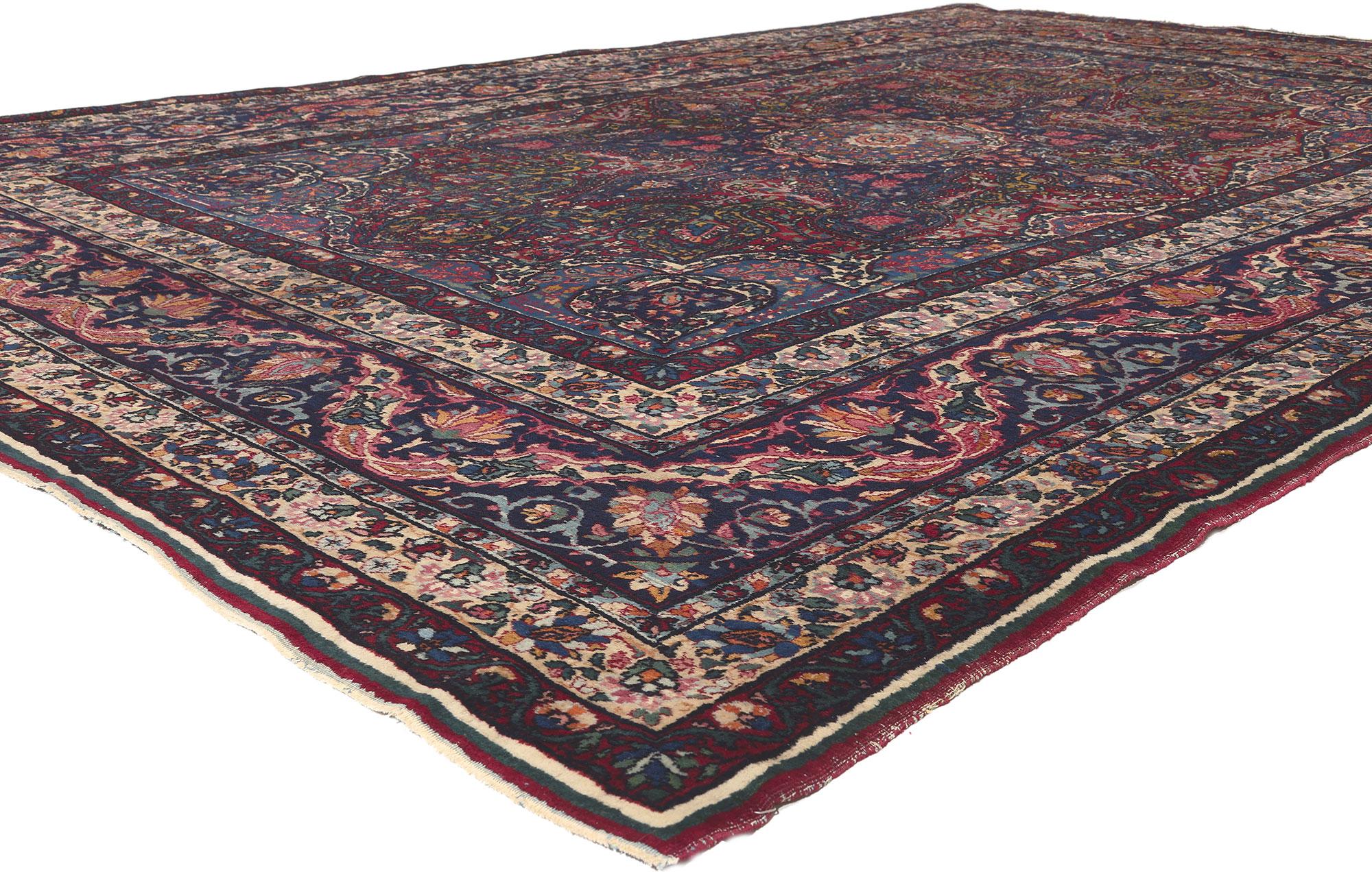 78643 Antique Persian Yazd Rug, 08'10 x 13'00.
Traditional sensibility collides with nostalgic charm in this antique Persian Yazd rug. The highly decorative design and traditional color palette woven into this piece work together creating a look of