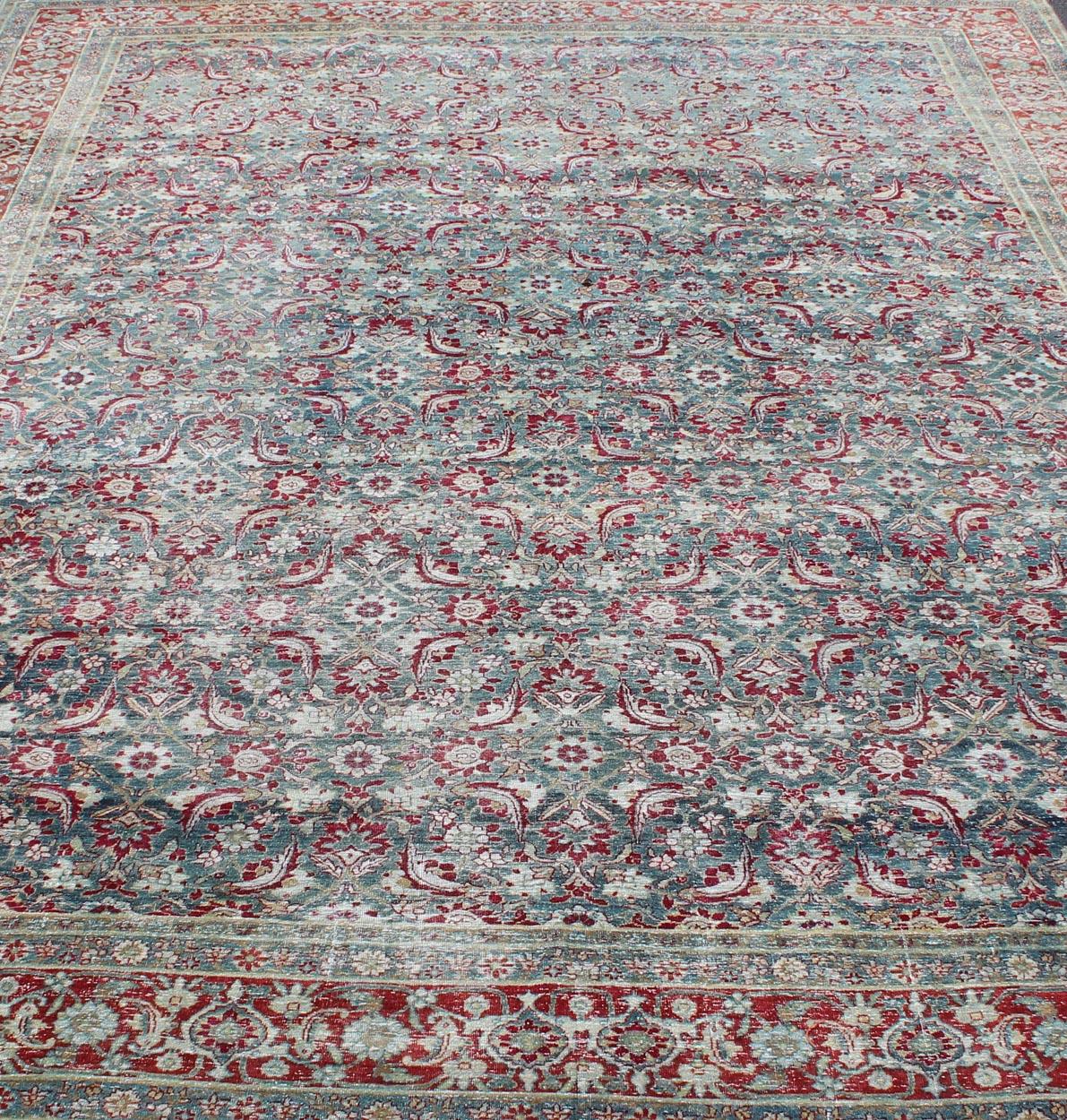 Antique Persian Yazd Rug with Floral-Geometric Design in Red and Blue For Sale 4
