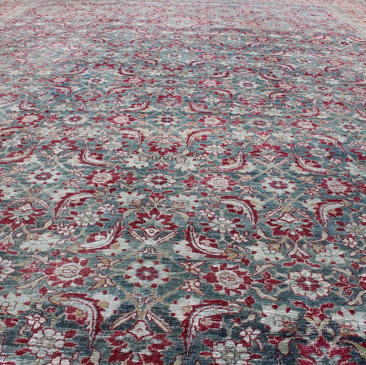 Antique Persian Yazd Rug with Floral-Geometric Design in Red and Blue For Sale 5