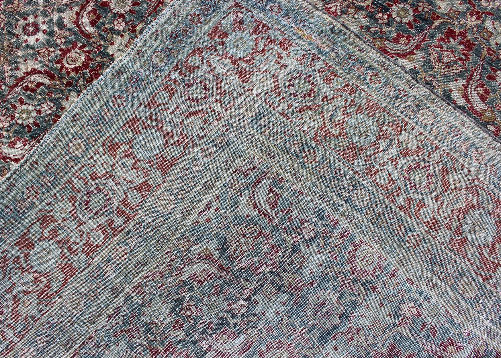 Antique Persian Yazd Rug with Floral-Geometric Design in Red and Blue For Sale 6