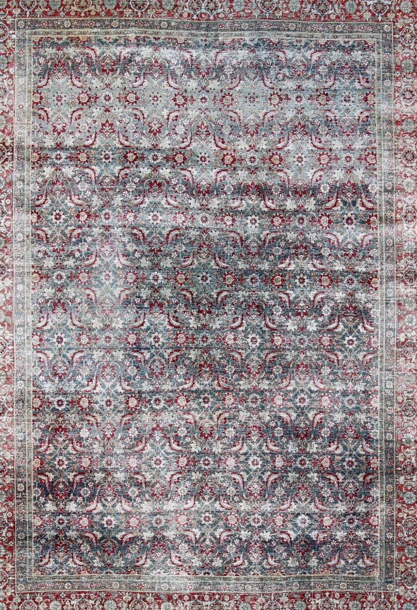Tribal Antique Persian Yazd Rug with Floral-Geometric Design in Red and Blue For Sale