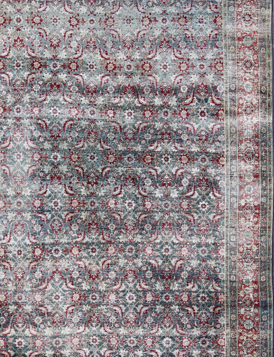 Hand-Knotted Antique Persian Yazd Rug with Floral-Geometric Design in Red and Blue For Sale