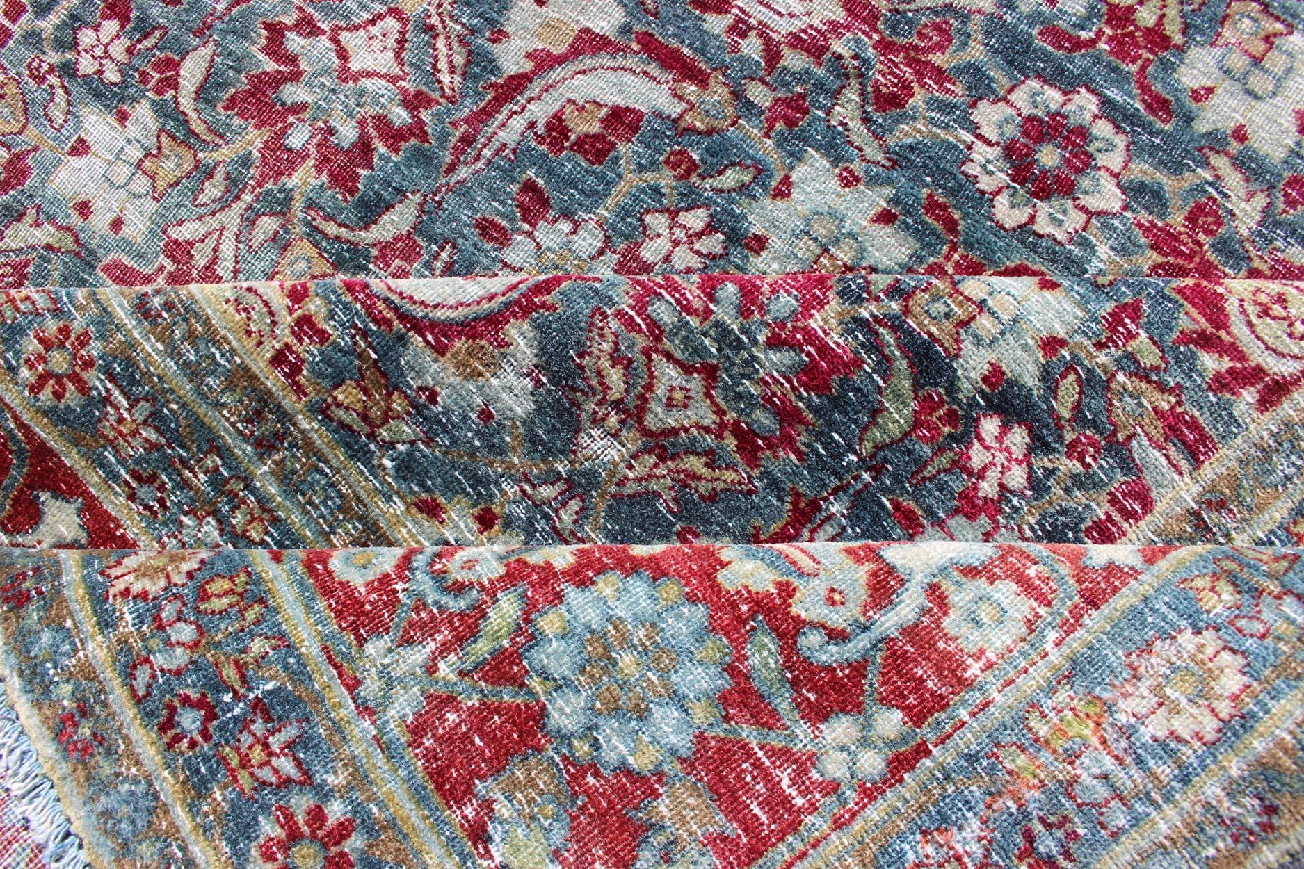Antique Persian Yazd Rug with Floral-Geometric Design in Red and Blue In Excellent Condition For Sale In Atlanta, GA