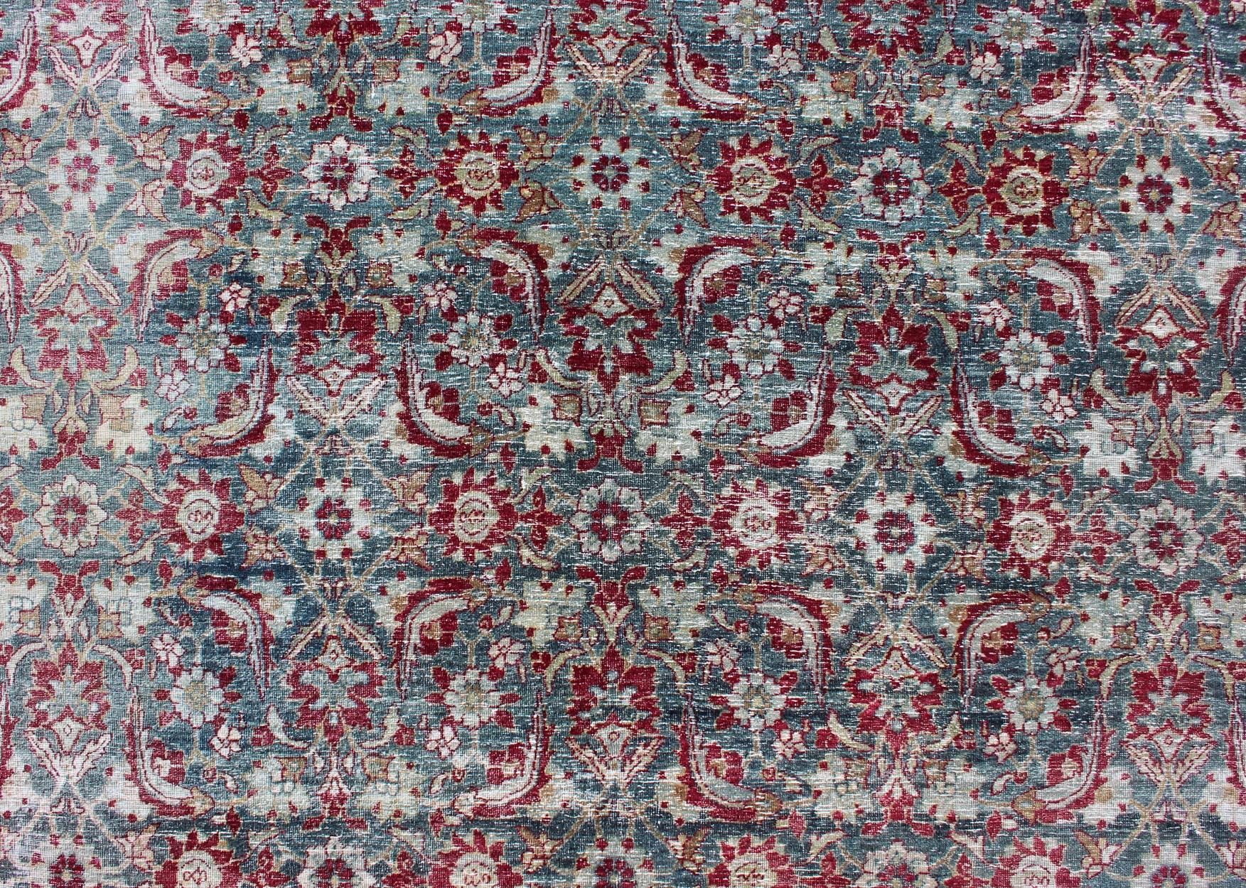 Early 20th Century Antique Persian Yazd Rug with Floral-Geometric Design in Red and Blue For Sale