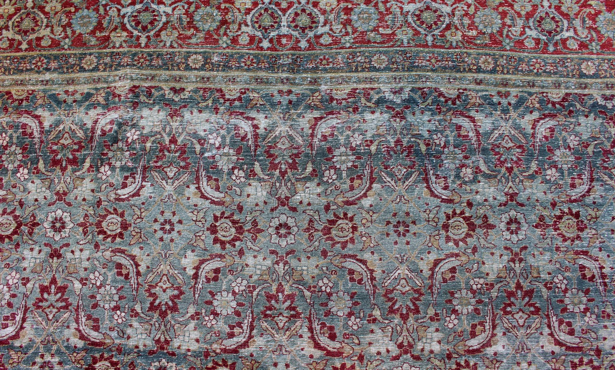 Wool Antique Persian Yazd Rug with Floral-Geometric Design in Red and Blue For Sale