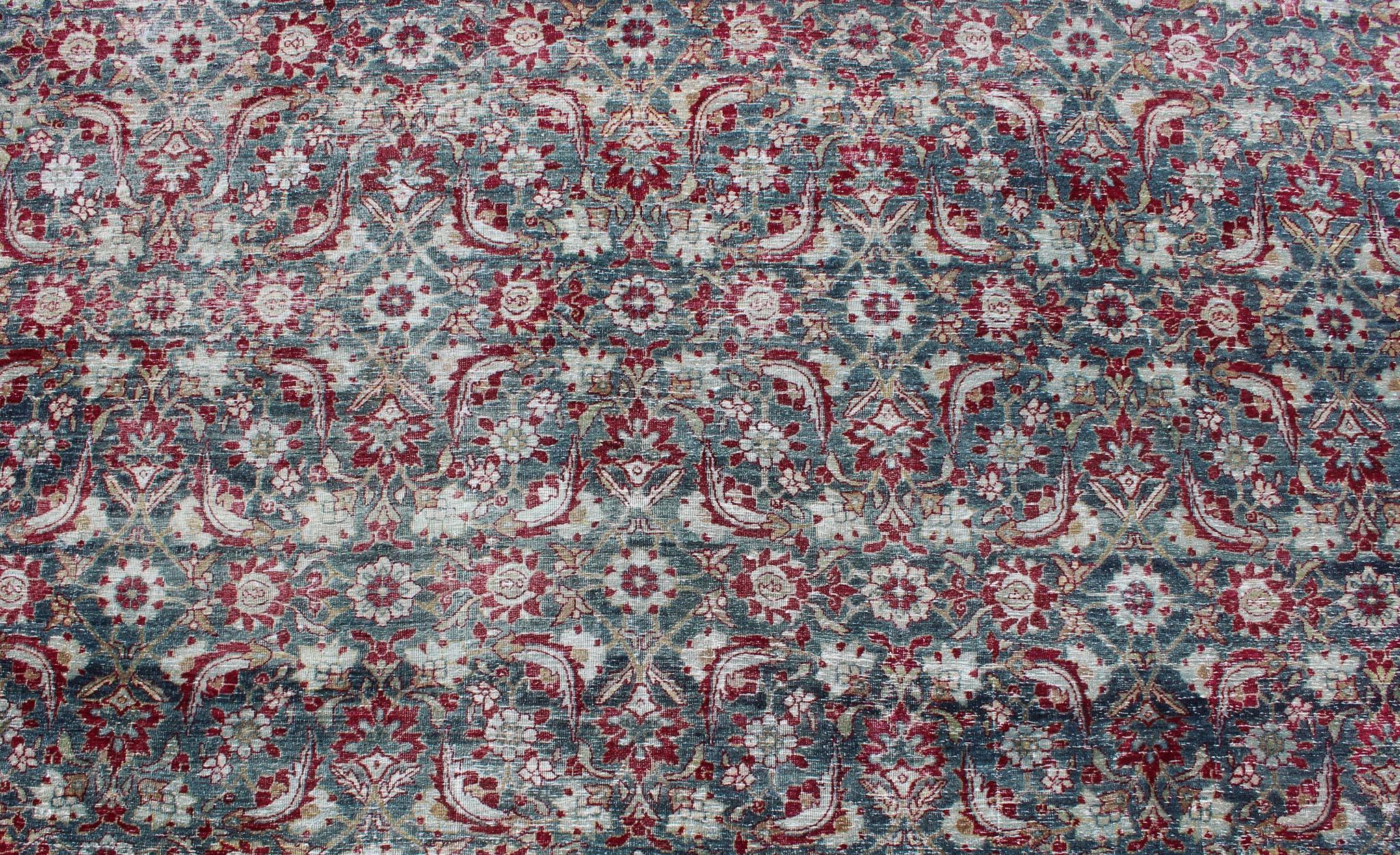 Antique Persian Yazd Rug with Floral-Geometric Design in Red and Blue For Sale 1