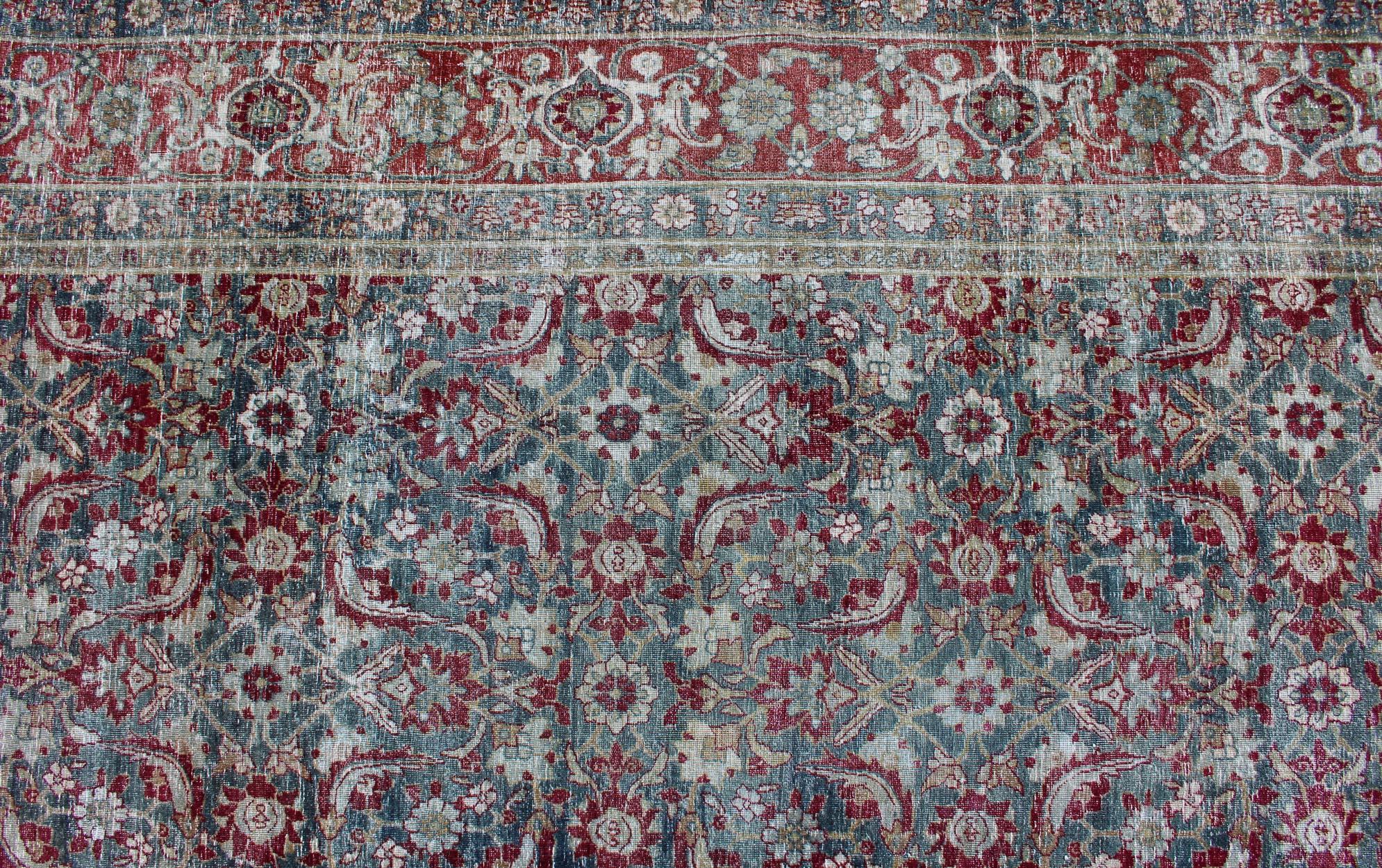 Antique Persian Yazd Rug with Floral-Geometric Design in Red and Blue For Sale 2
