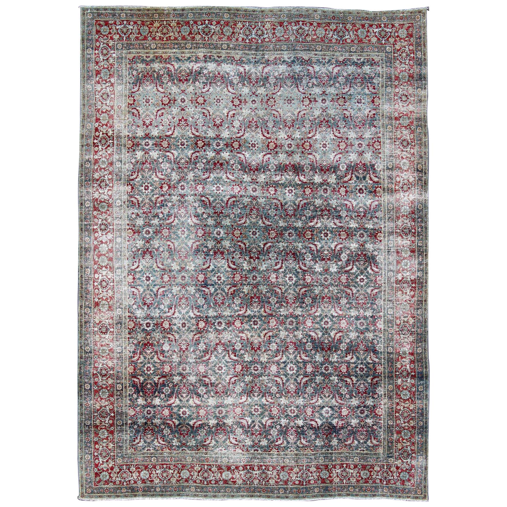 Antique Persian Yazd Rug with Floral-Geometric Design in Red and Blue