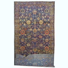 Antique Persian Yazd Wool 13x24 Blue & Camel Handmade Oversized Area Rug