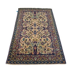 Antique Persian Yazd Wool 4x6 Ivory, Blue & Plum Handmade Area Rug