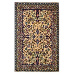 Antique Persian Yazd Wool 4x6 Ivory, Blue & Plum Handmade Area Rug