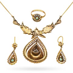 Antique Persian Yellow Gold 1.2tcw Emerald and Polki Diamond Jewelry Set