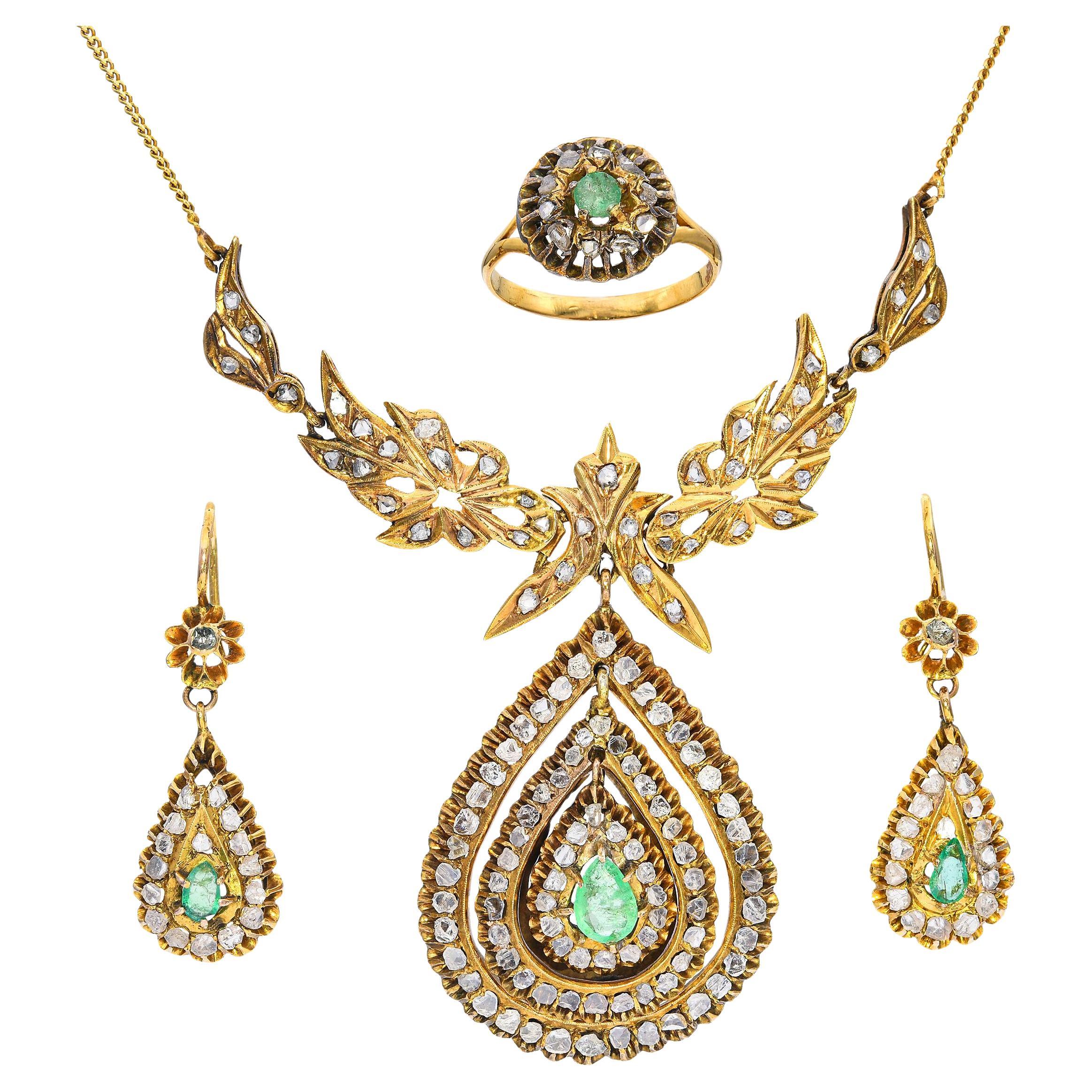 Parure ancienne en or jaune persan 1.2tcw émeraude et diamant Polki en vente