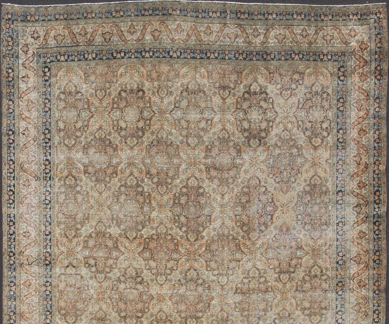 Tabriz Antique Persian Yzad Rug with All-Over Pattern with Elegant Medallions