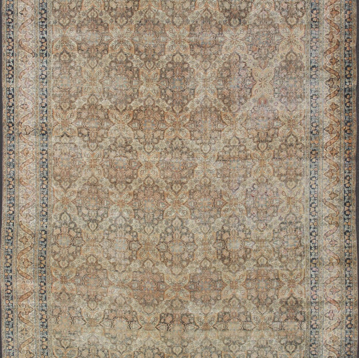 Hand-Knotted Antique Persian Yzad Rug with All-Over Pattern with Elegant Medallions