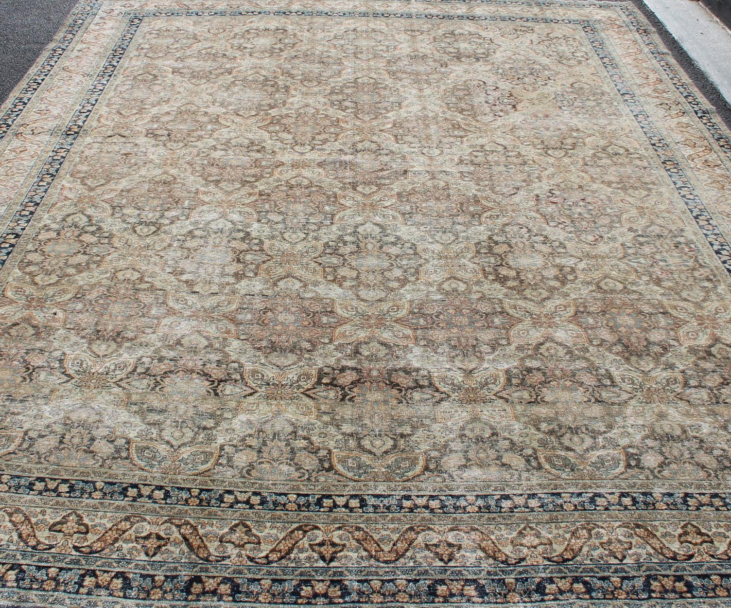 Wool Antique Persian Yzad Rug with All-Over Pattern with Elegant Medallions