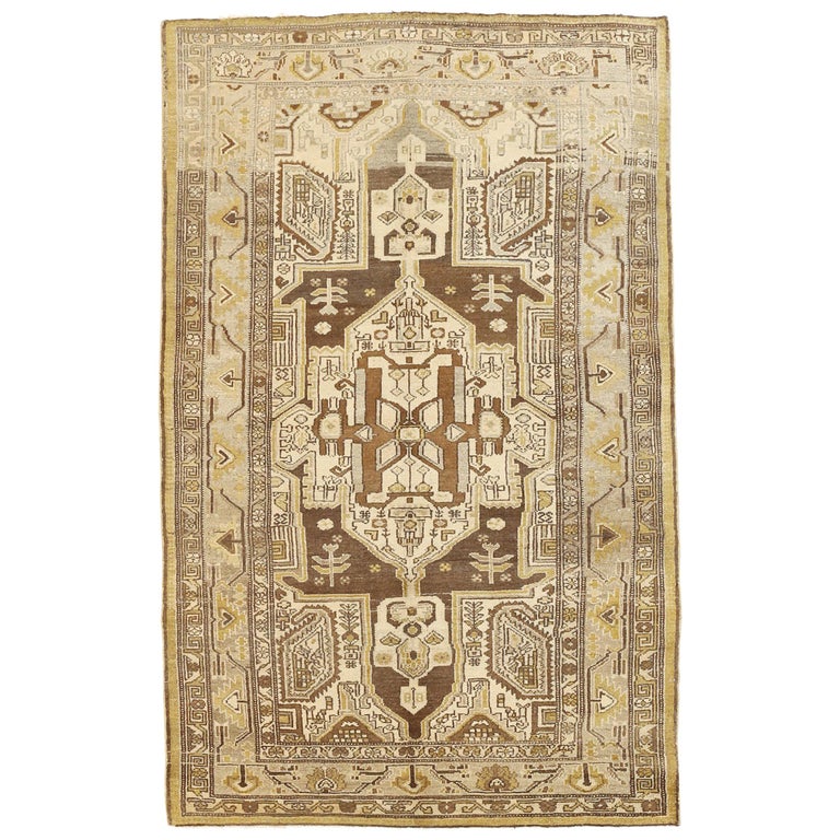 Antique Persian Zanjan Rug with Gold and Brown Tribal Details on Ivory ...