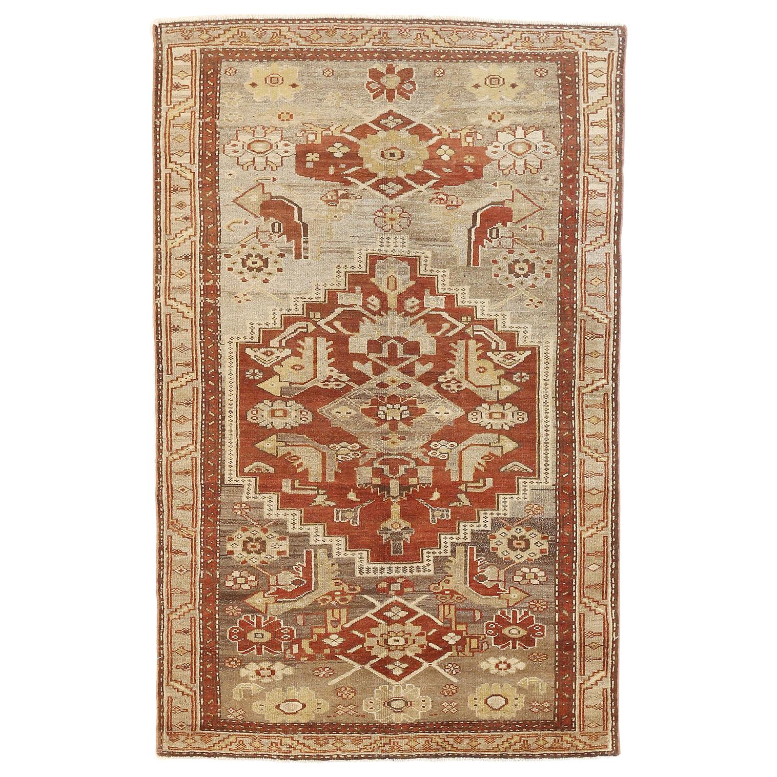 Antique Persian Zanjan Rug with Red and Beige Tribal Details on Ivory Field For Sale