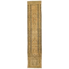 Tapis de couloir persan ancien Zanjan avec champ floral beige et marron