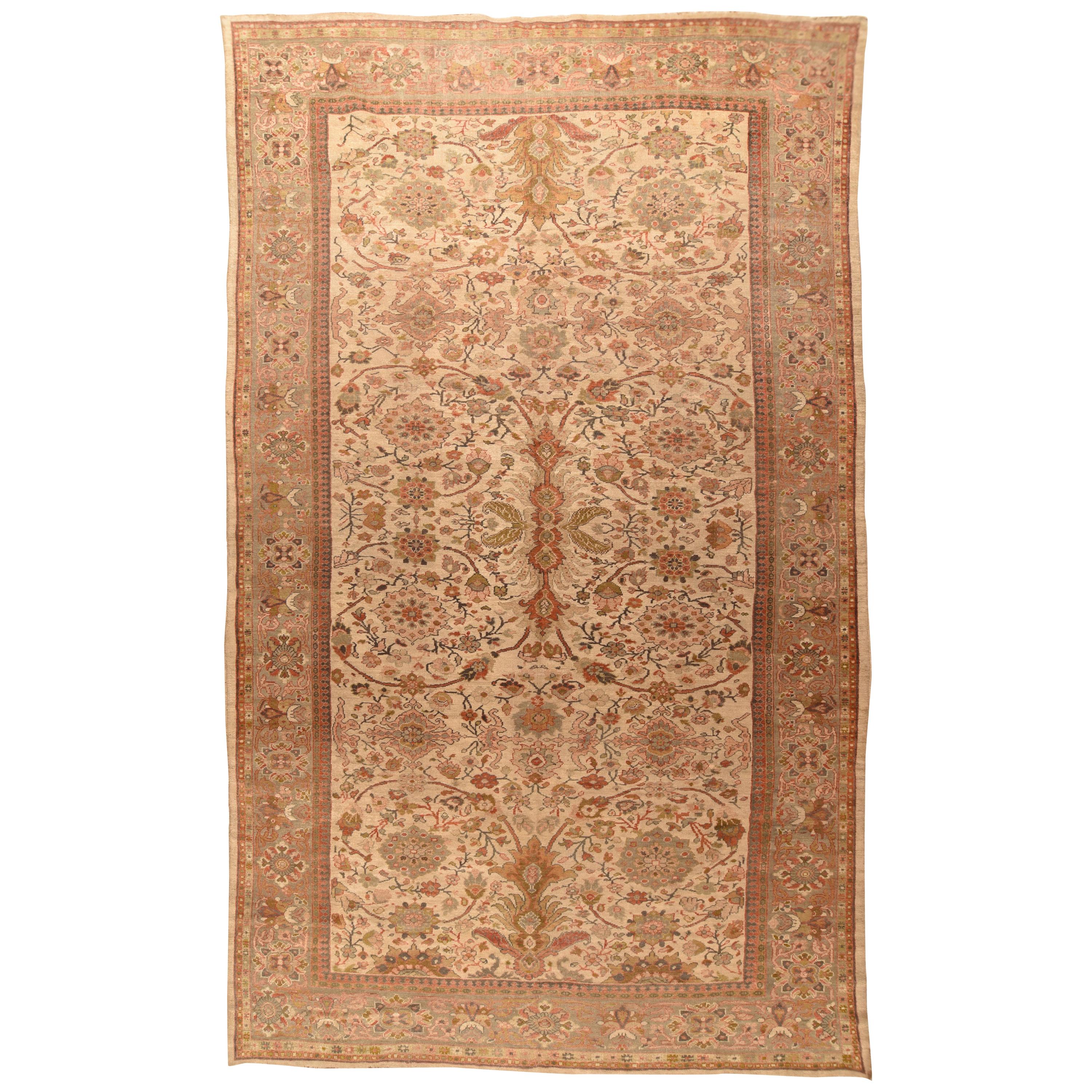 Antique Persian Pink Rose Light Blue Floral Mahal Ziegler Rug For Sale