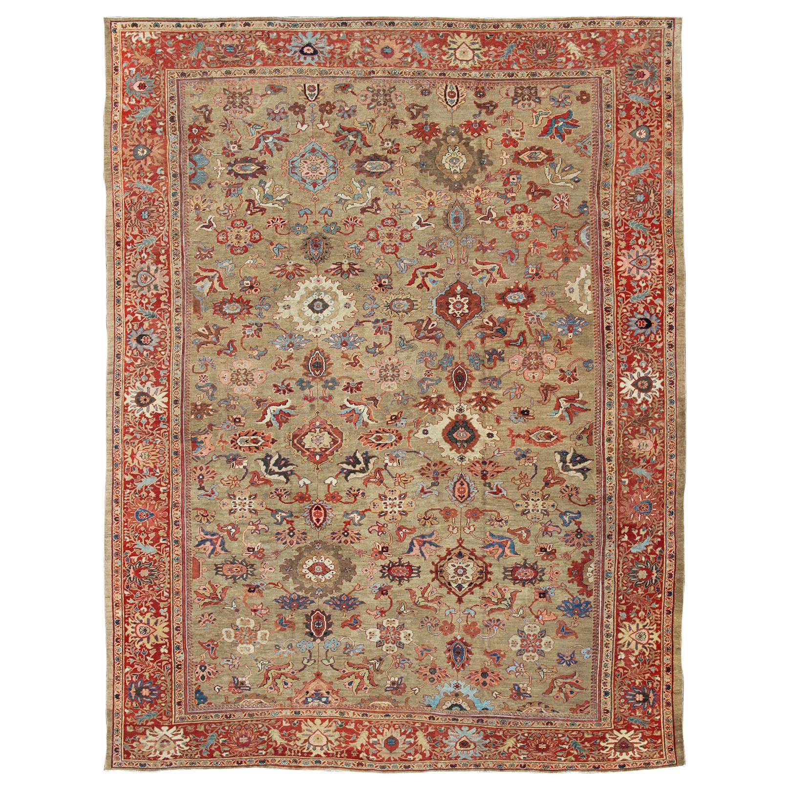 Antique Persian Large Ziegler Sultanabad Rug with Tan Background & Red Border For Sale