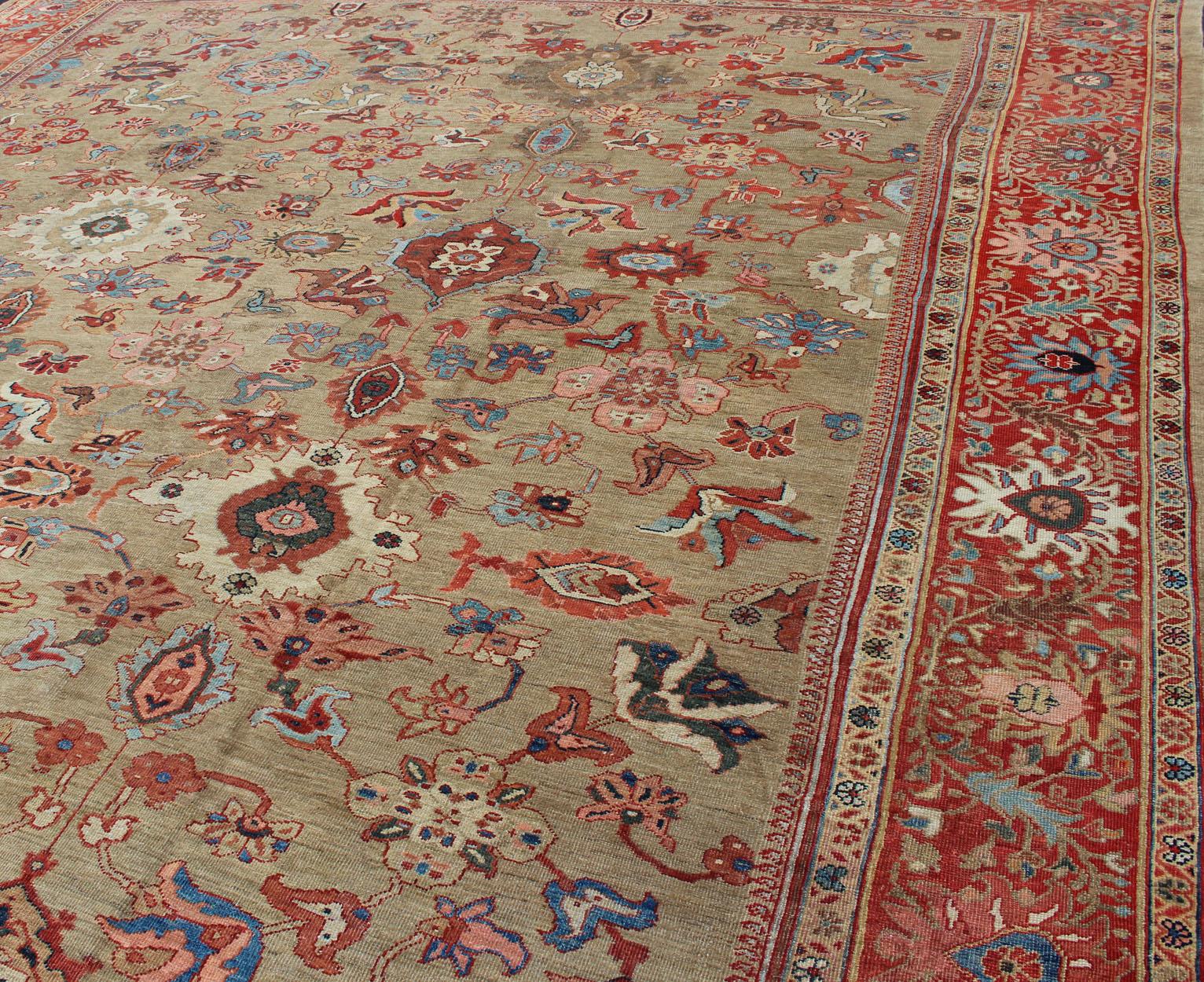 Antique Persian Large Ziegler Sultanabad Rug with Tan Background & Red Border For Sale 6