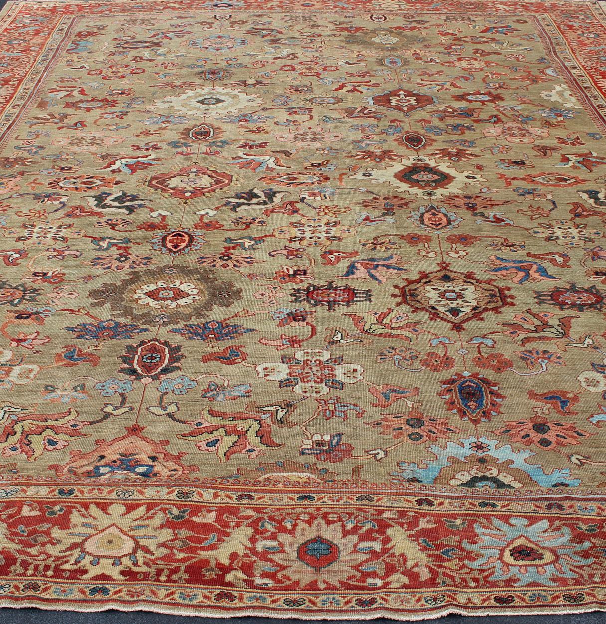 Antique Persian Large Ziegler Sultanabad Rug with Tan Background & Red Border For Sale 7