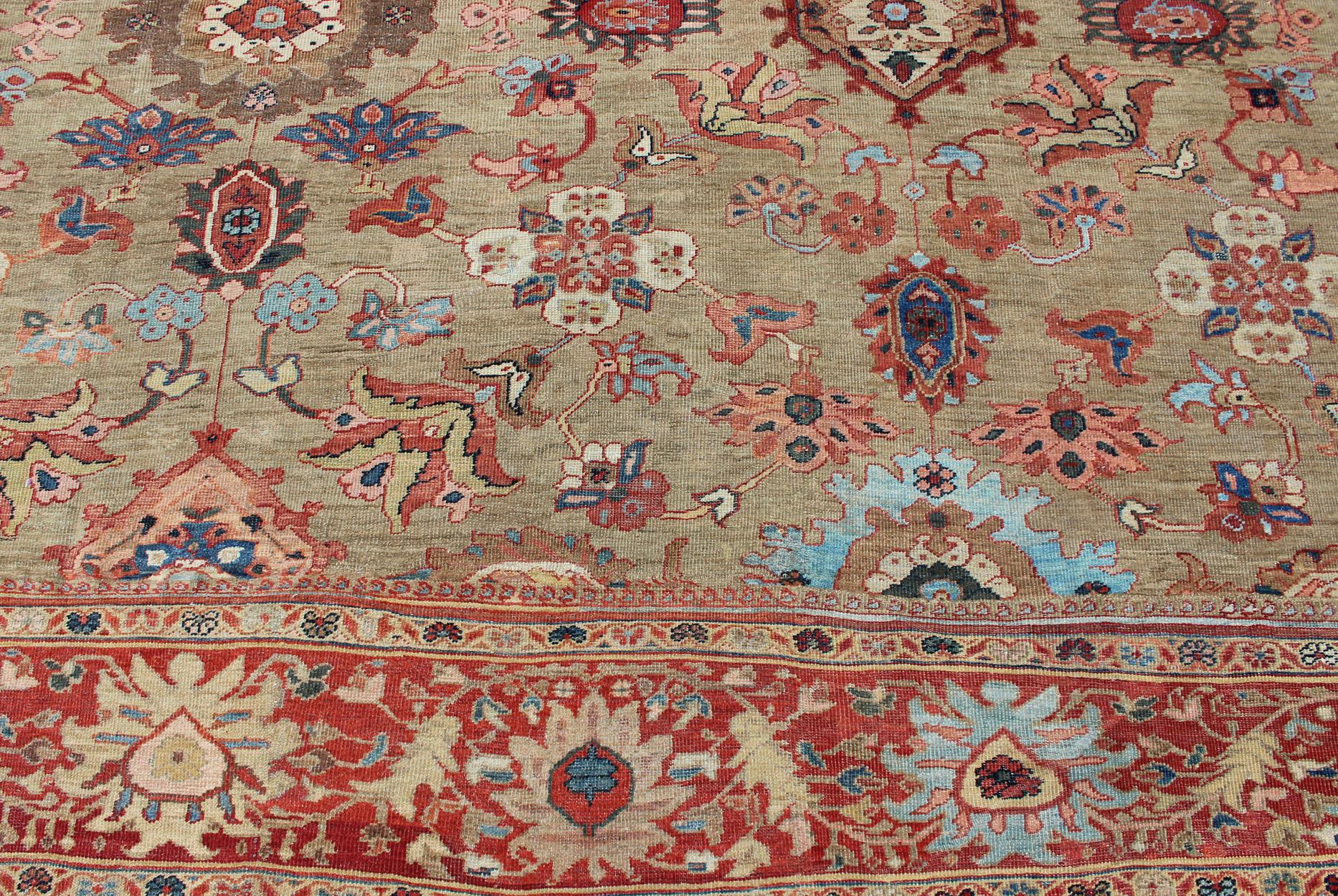 Early 20th Century Antique Persian Large Ziegler Sultanabad Rug with Tan Background & Red Border For Sale
