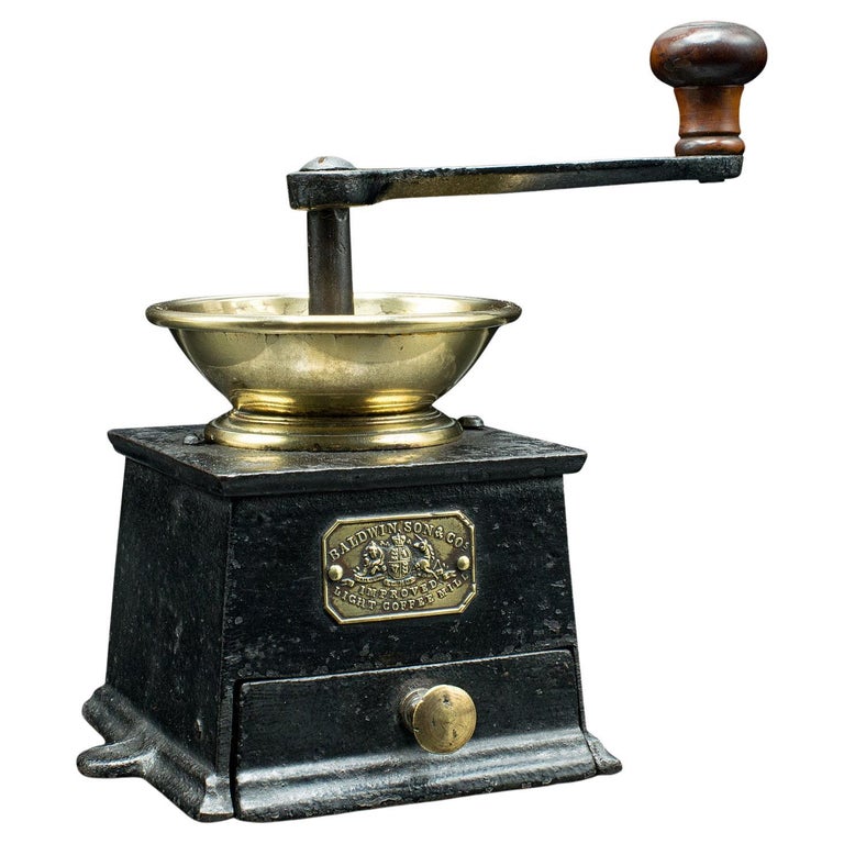 Antique Personal Coffee Grinder, English, Cast Iron, Brass, Mill