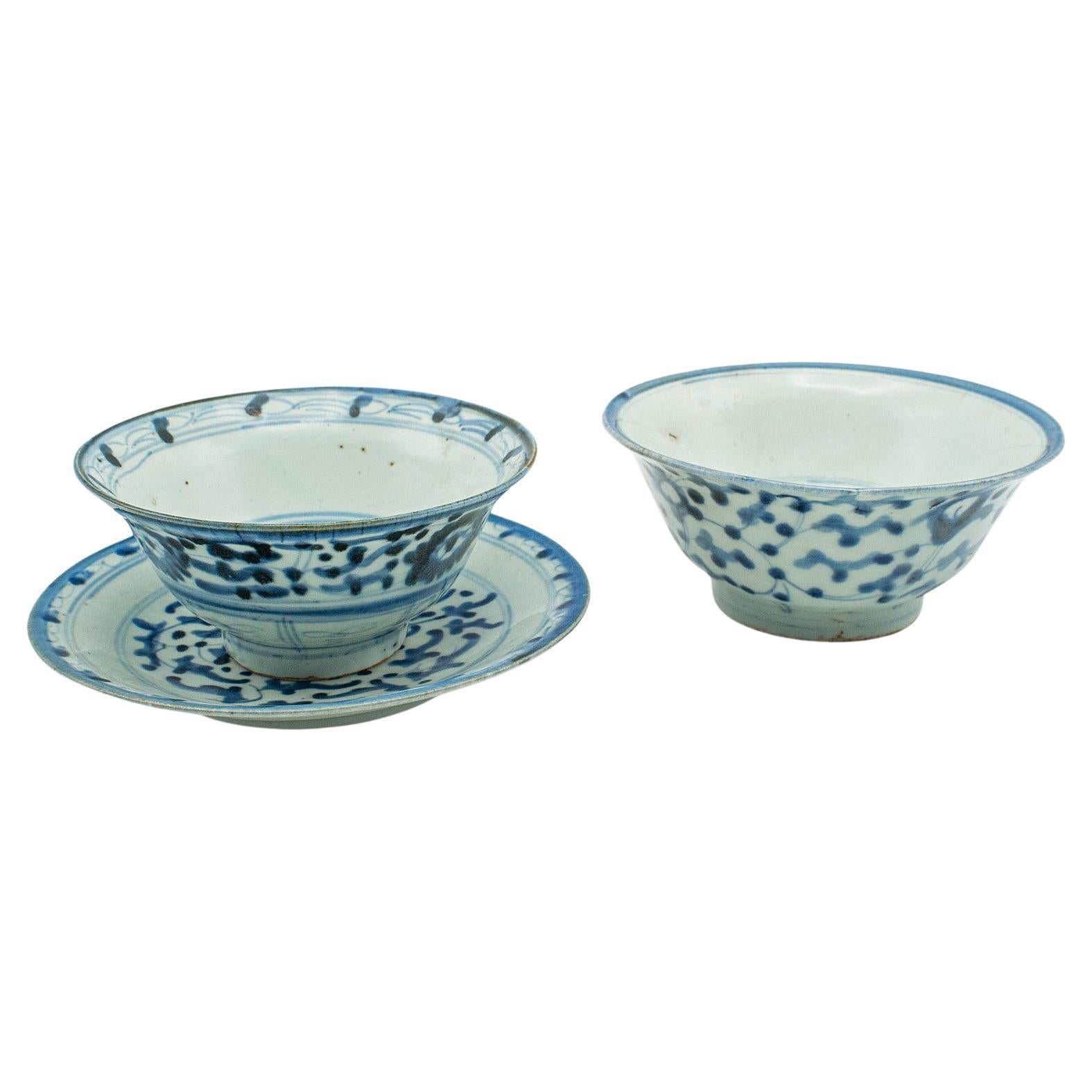 Antico set da tè personale, cinese, dinastia Qing, ceramica, ciotola, piattino, georgiano