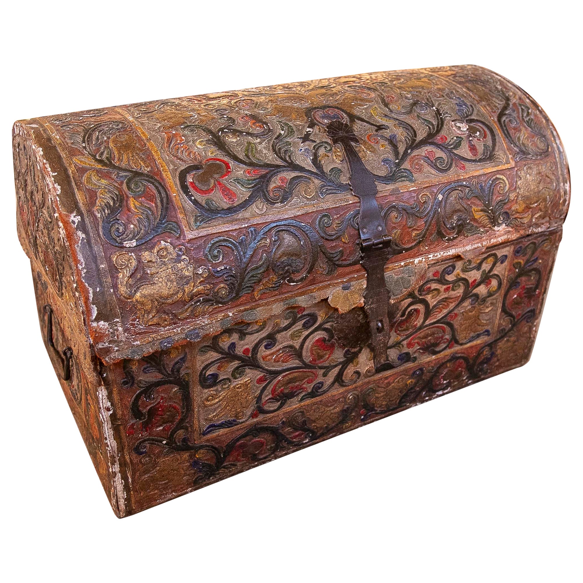 Antique Peruvian Chest, Leather-Lined, Carved Floral Motifs, 1750s