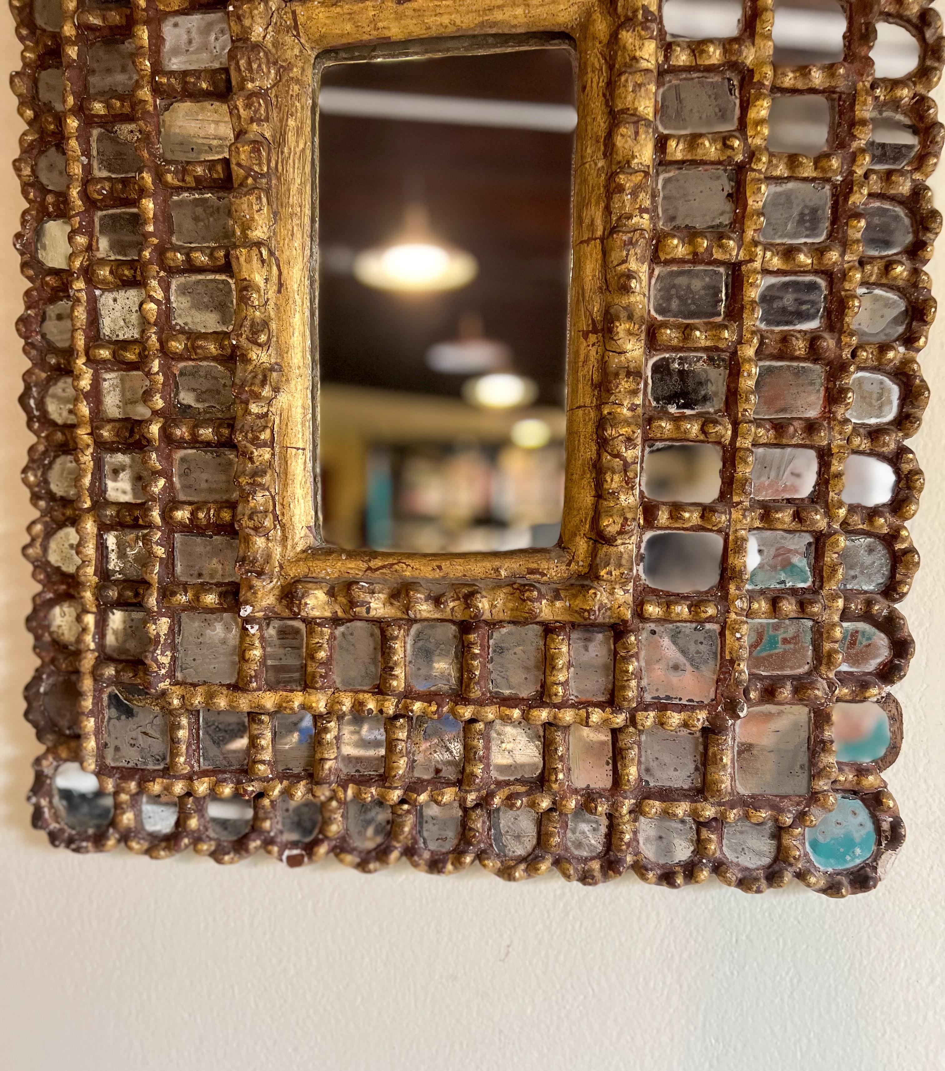 Baroque Colonial Large Rectangular Sunburst Mirror in Hardwood & Gold Leaf, 1925 In Fair Condition For Sale In New York, NY