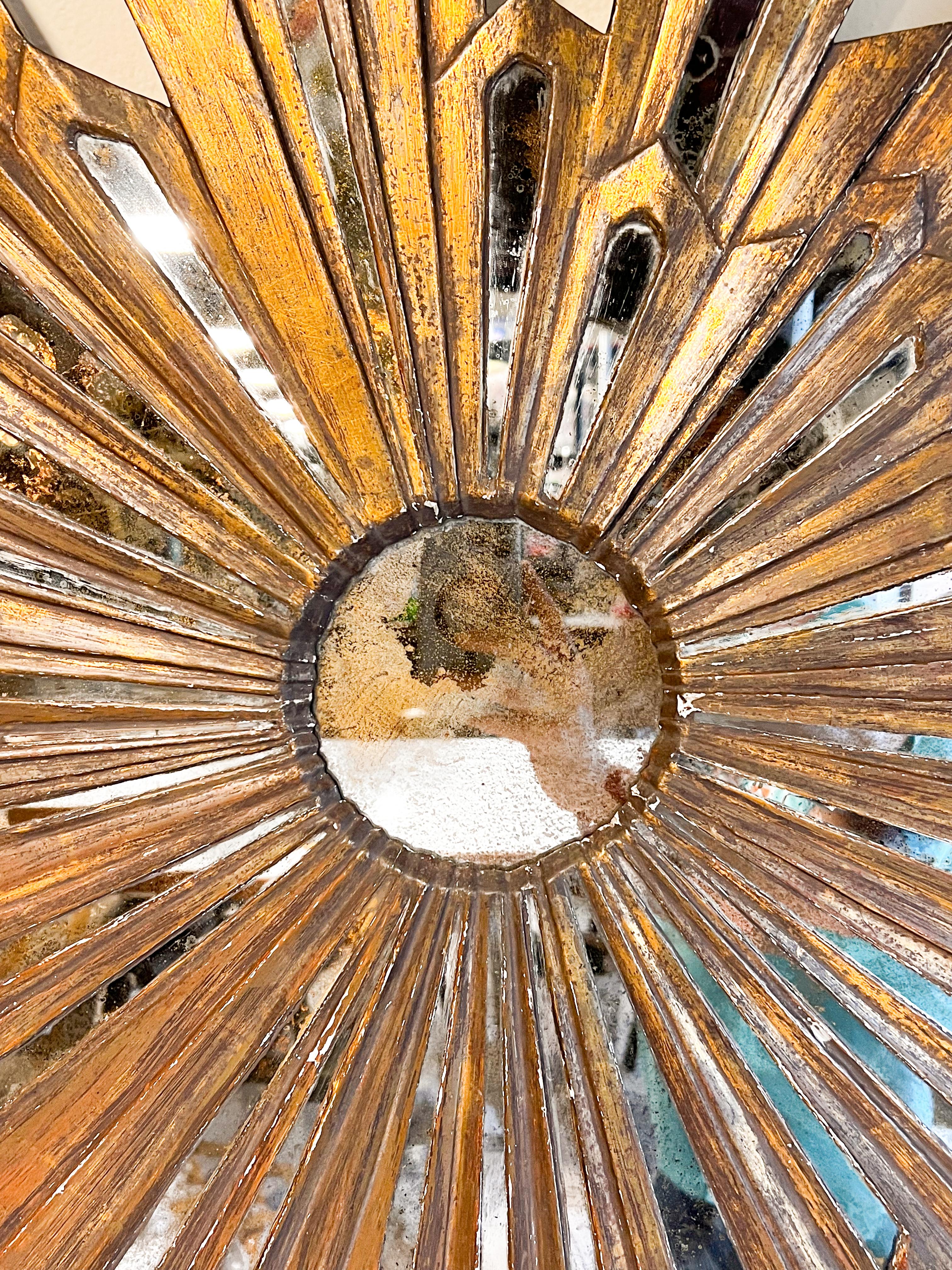 Gilt Italian Baroque style Sun Burst Mirror in Hardwood & Gold Leaf, Peru, 1920’s