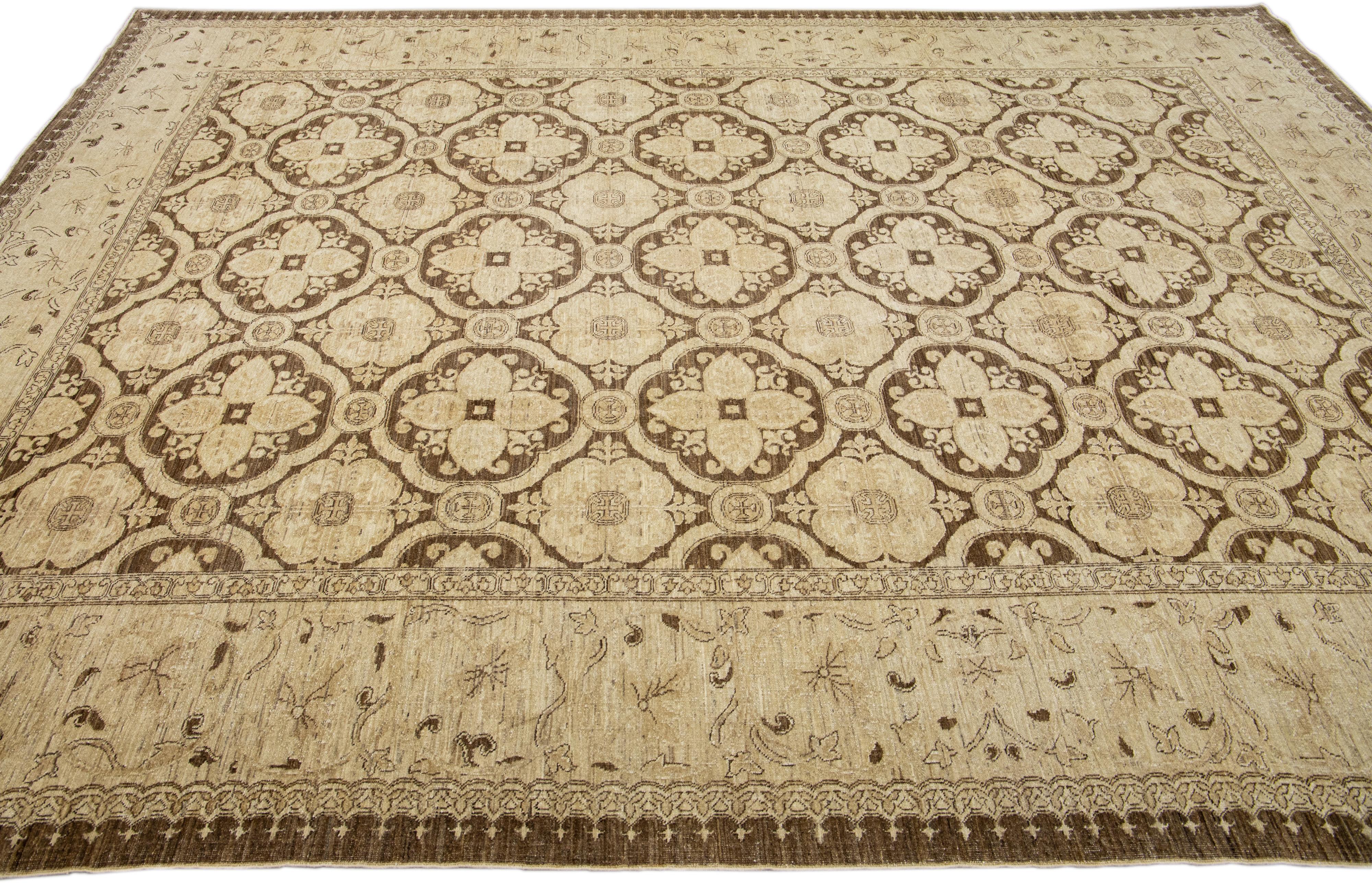 Hand-Knotted Antique Peshawar Handmade Allover Designed Beige Wool Rug For Sale