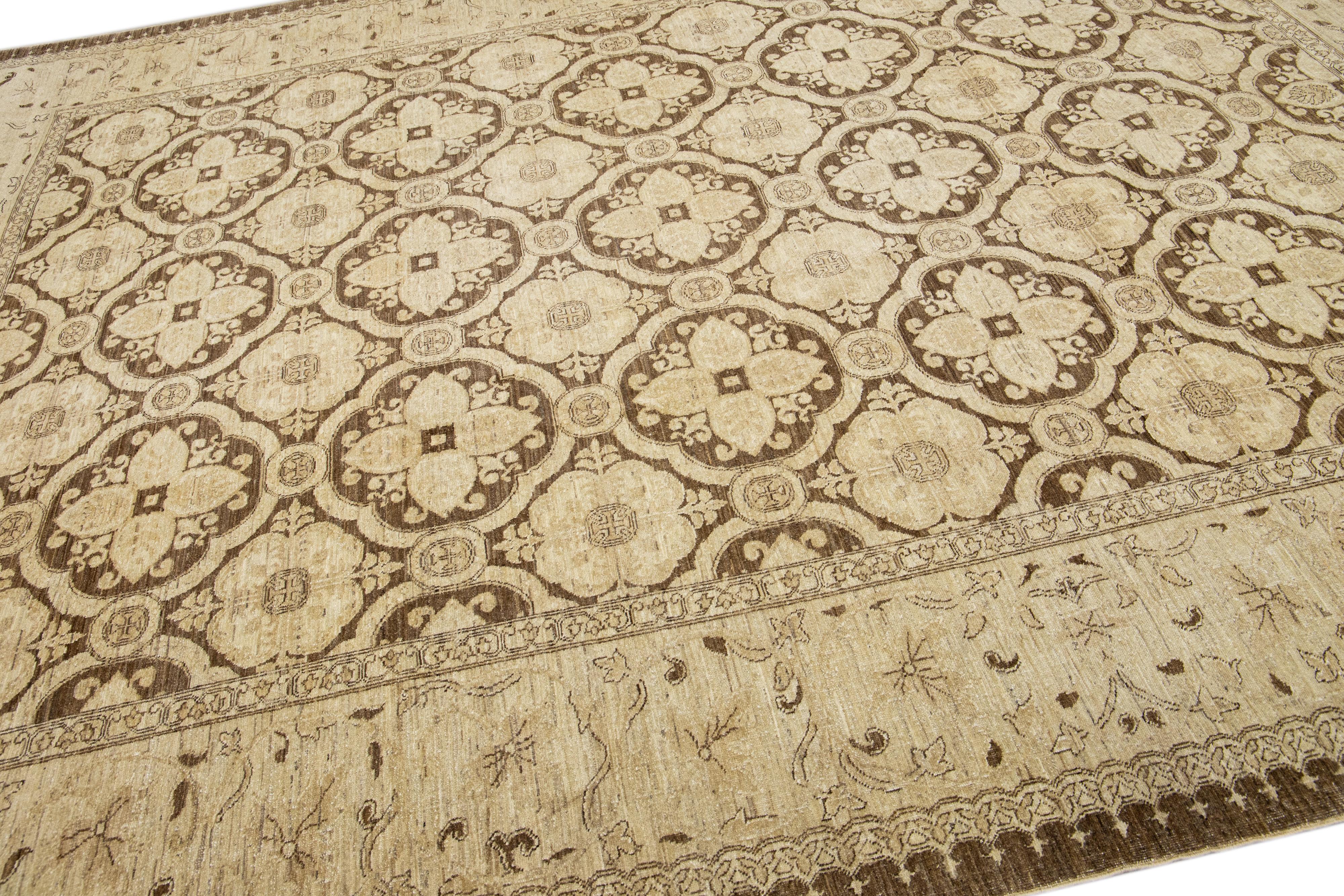 20th Century Antique Peshawar Handmade Allover Designed Beige Wool Rug For Sale