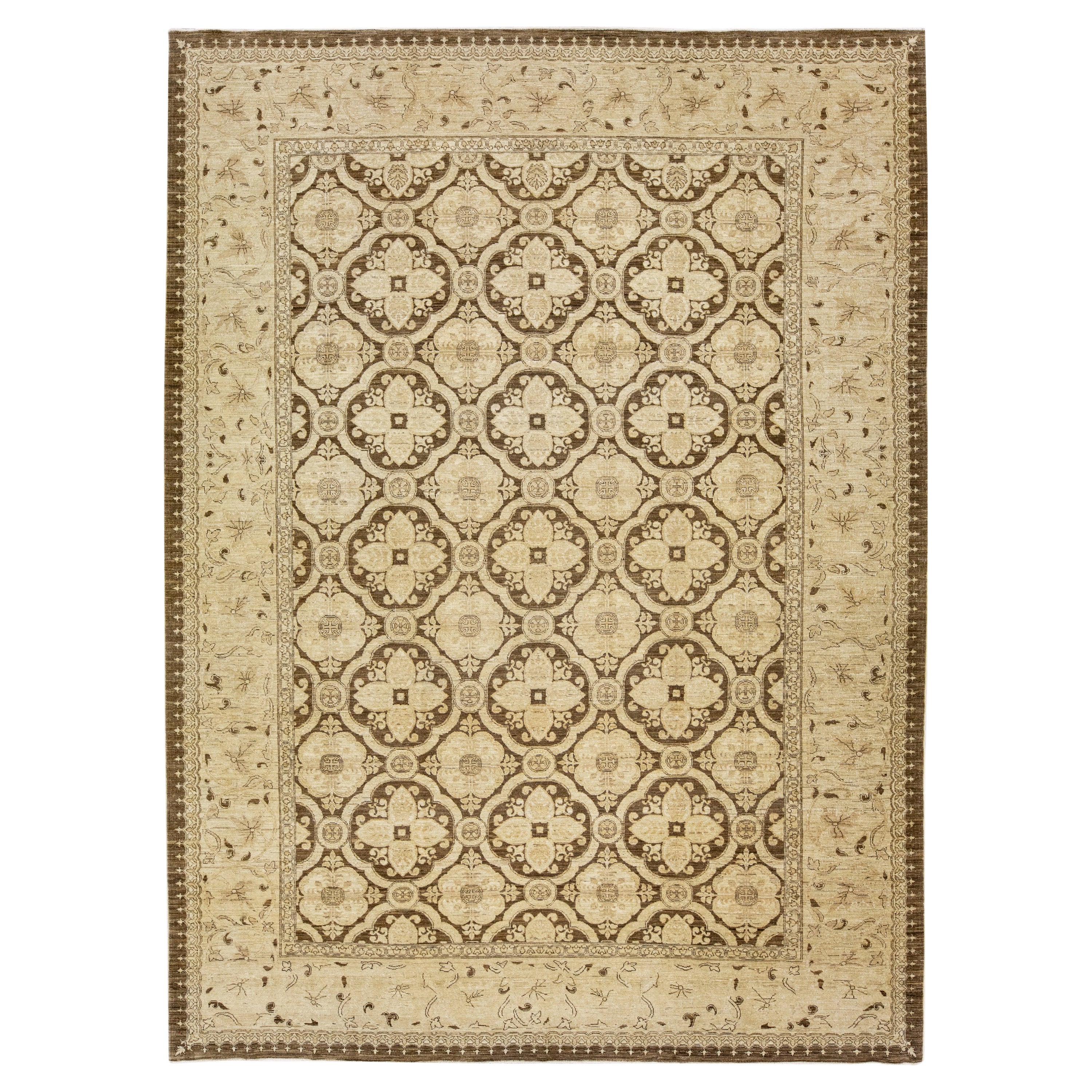 Antiker, handgefertigter, beigefarbener, antiker Peshawar-Wollteppich in Allover-Design