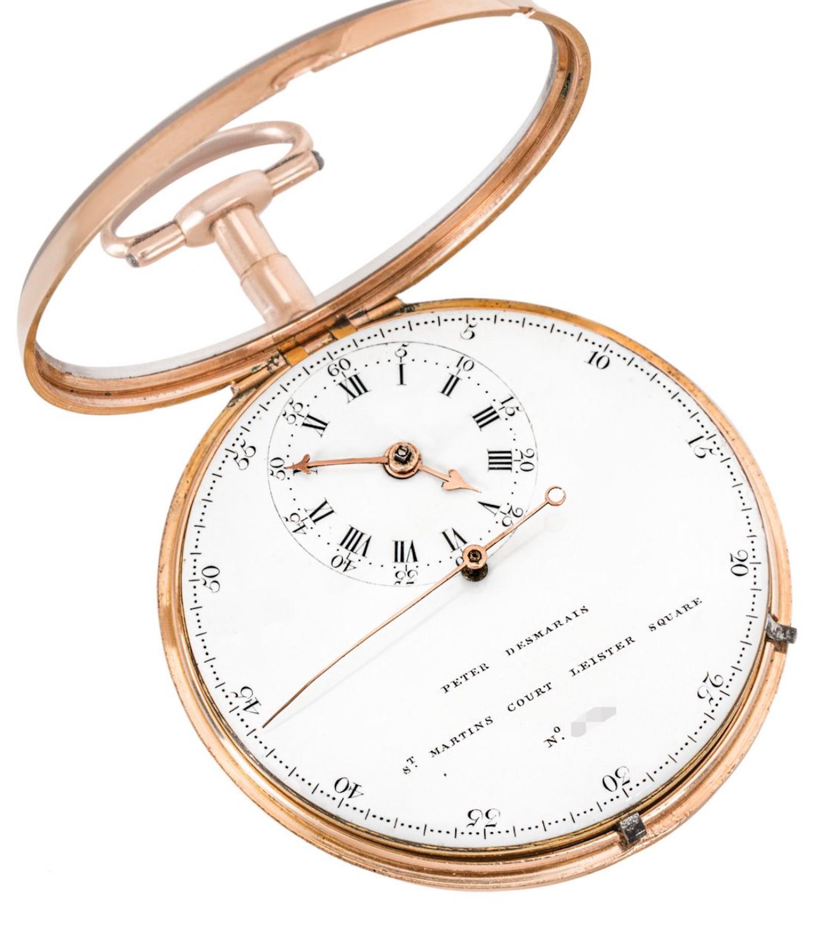 Peter Desmarais, St Martins Court, Leister Square. An 18K rose gold pair case, key wind cylinder pocket watch, London, C1803.

Dial: A beautiful original fully signed and numbered white enamel dial, with offset Roman numeral hour markers, black