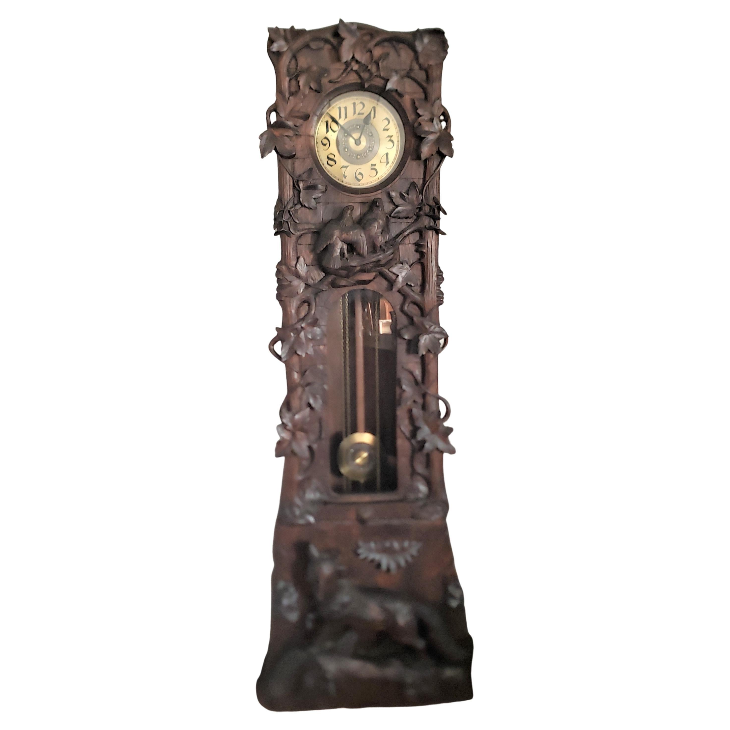 Antique Peter Trauffer Black Forest Longcase Clock with Hand-Carved Fox & Birds