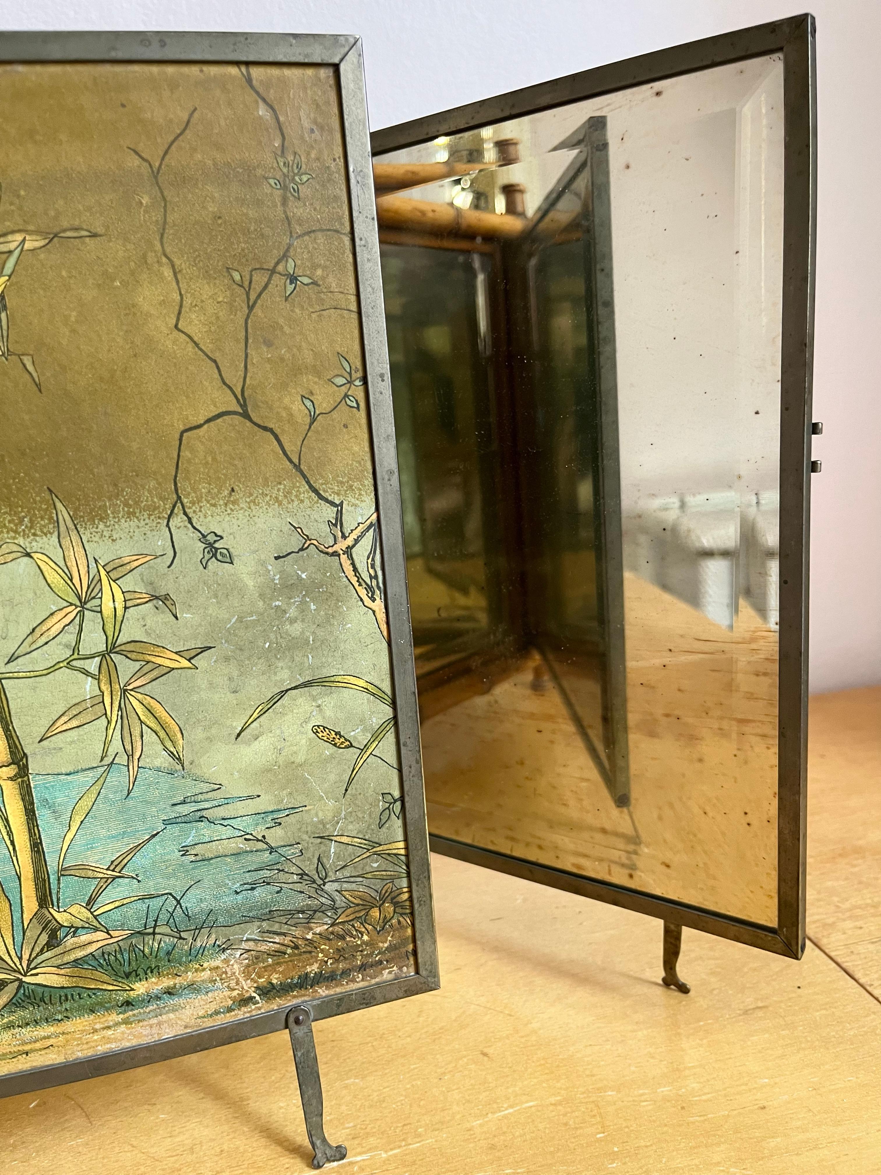 Bamboo Antique Peter Wiederer & Brothers tri-fold shaving mirror with decorative birds For Sale