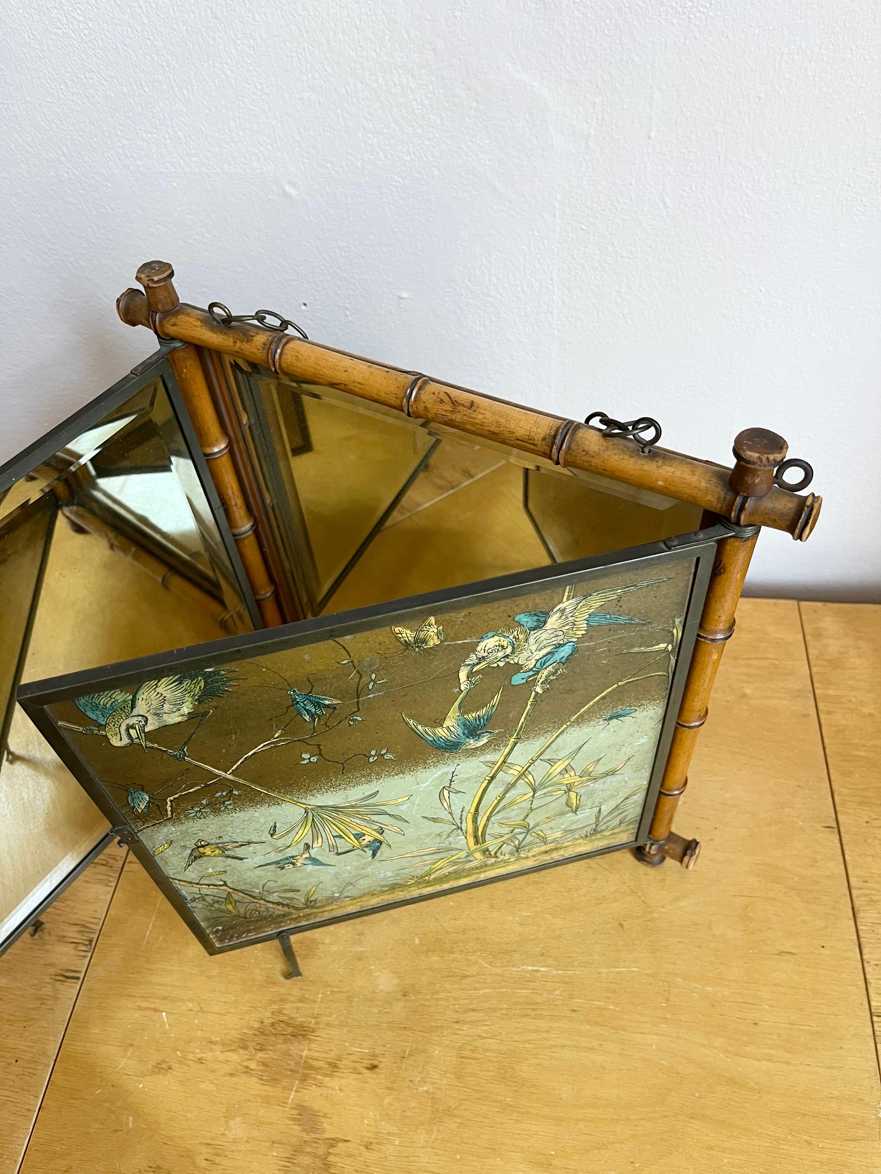 Antique Peter Wiederer & Brothers tri-fold shaving mirror with decorative birds For Sale 3