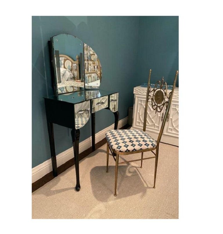 Antique Petit Art Deco Mirrored Black Lacquered Vanity Dressing Table