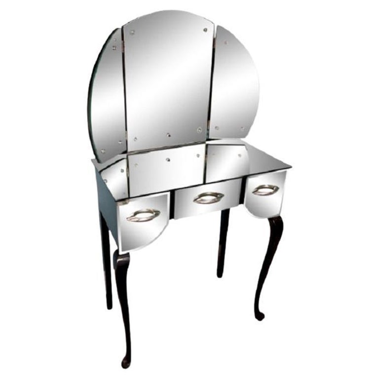 Antique Petit Art Deco Mirrored Black Lacquered Vanity Dressing Table