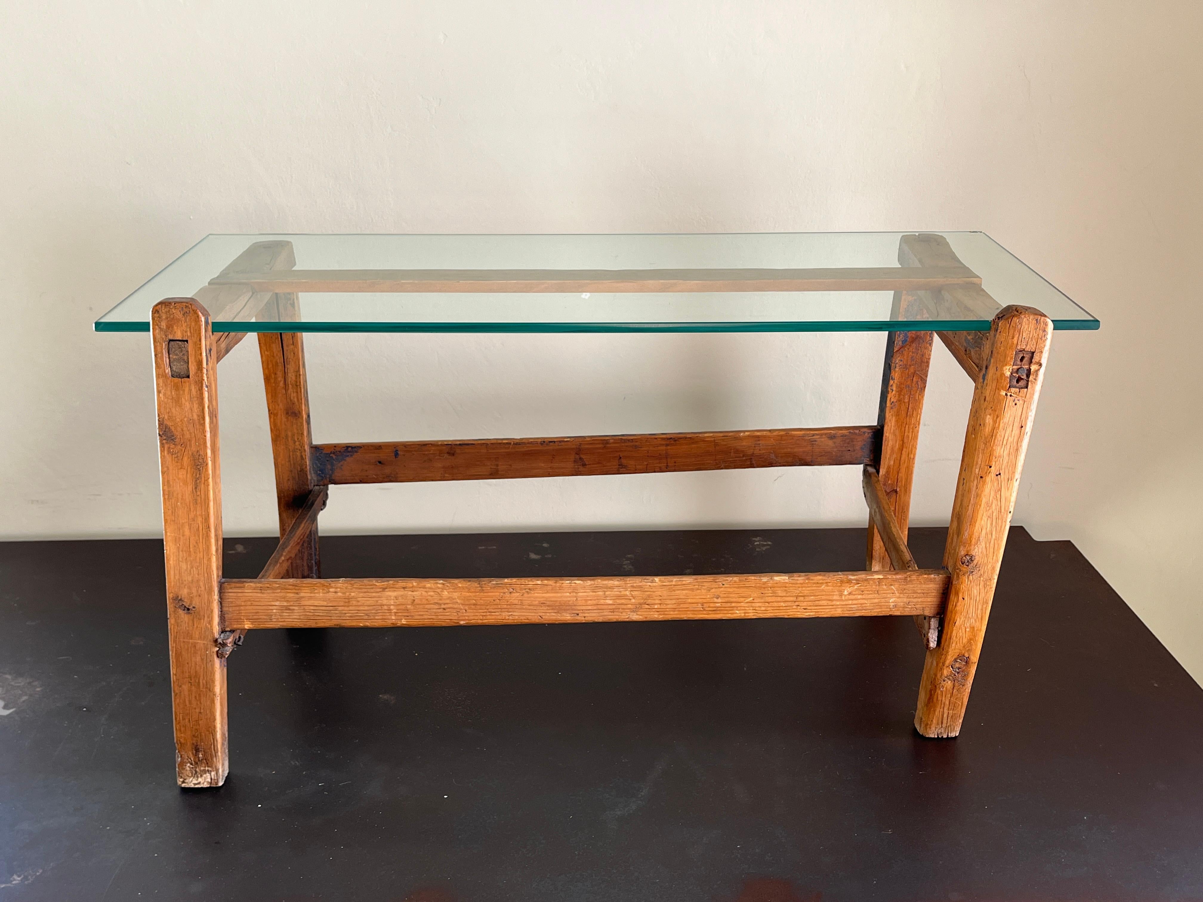 Antique Petit Blue-Painted Coffee Table with Glass Top For Sale 5