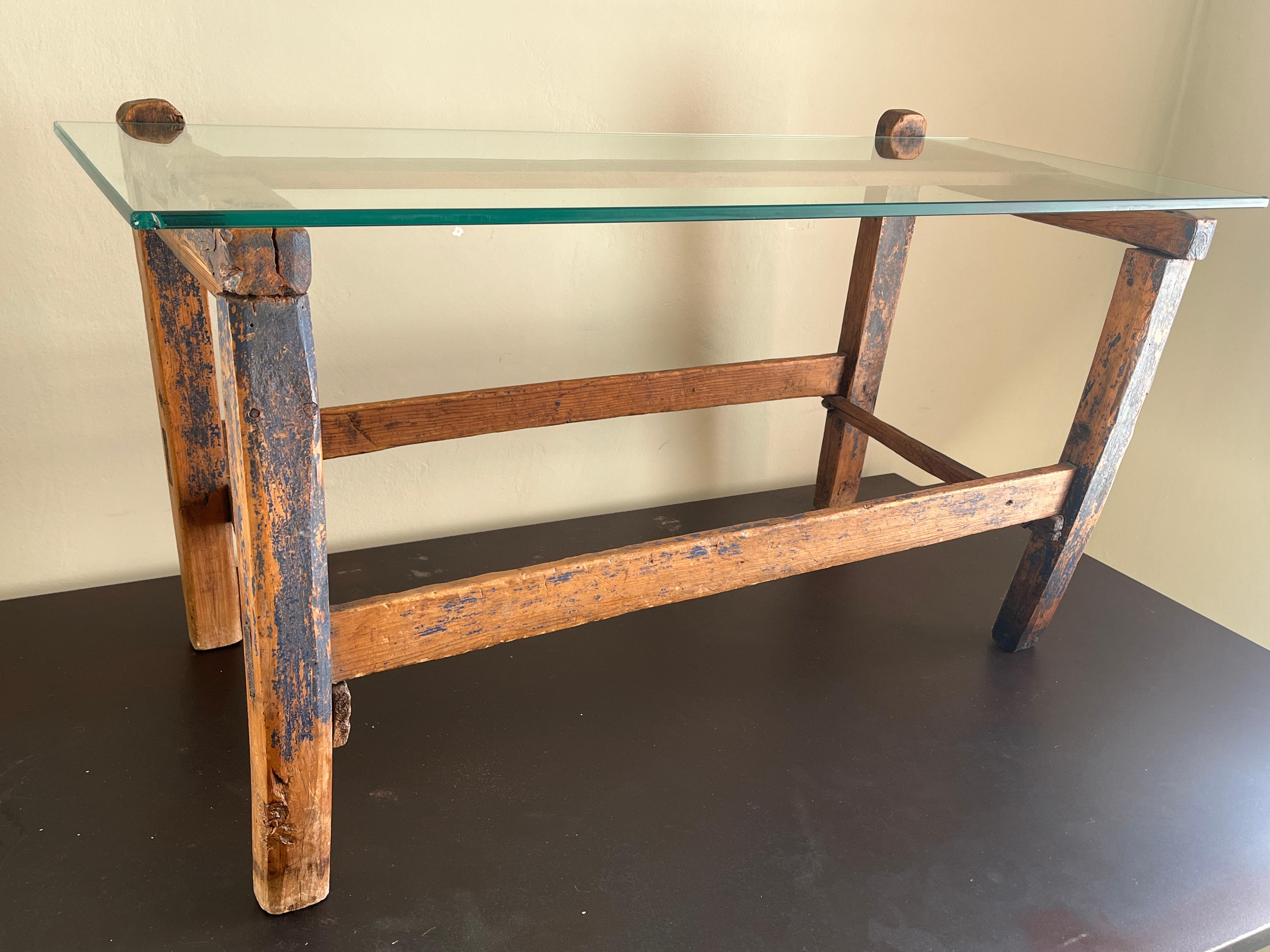 Antique Petit Blue-Painted Coffee Table with Glass Top In Fair Condition For Sale In Los Angeles, CA