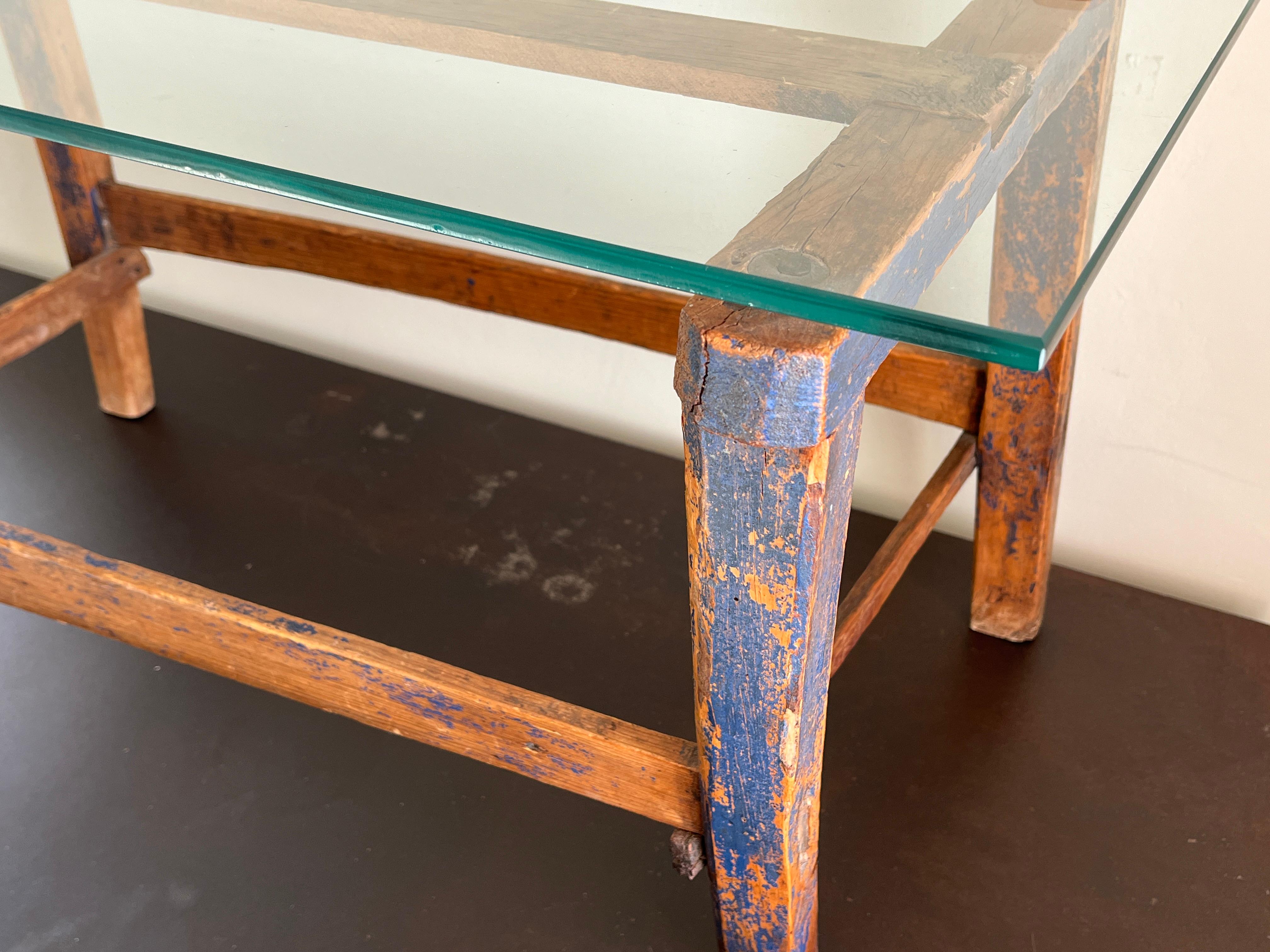 Wood Antique Petit Blue-Painted Coffee Table with Glass Top For Sale