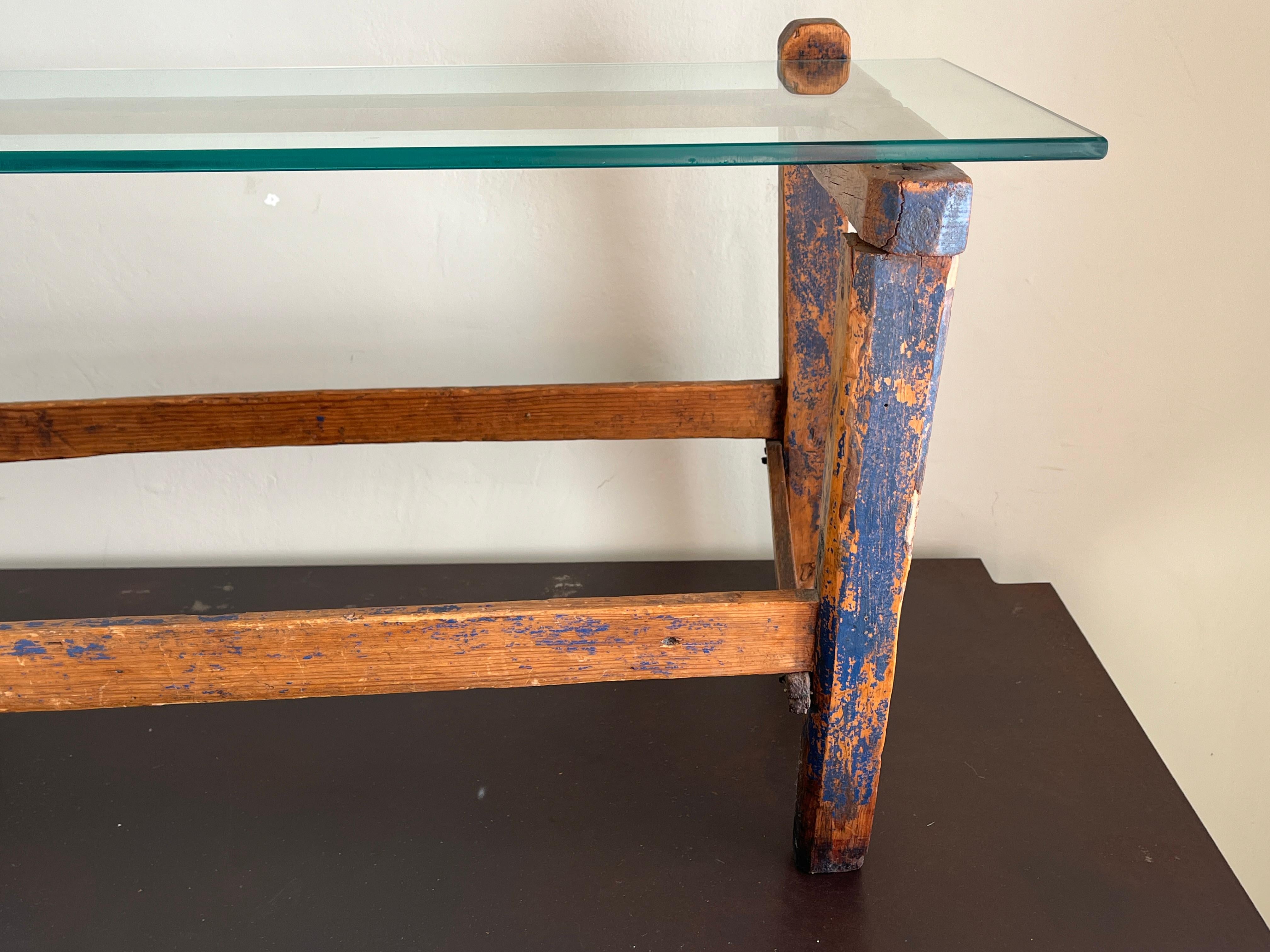 Antique Petit Blue-Painted Coffee Table with Glass Top For Sale 1