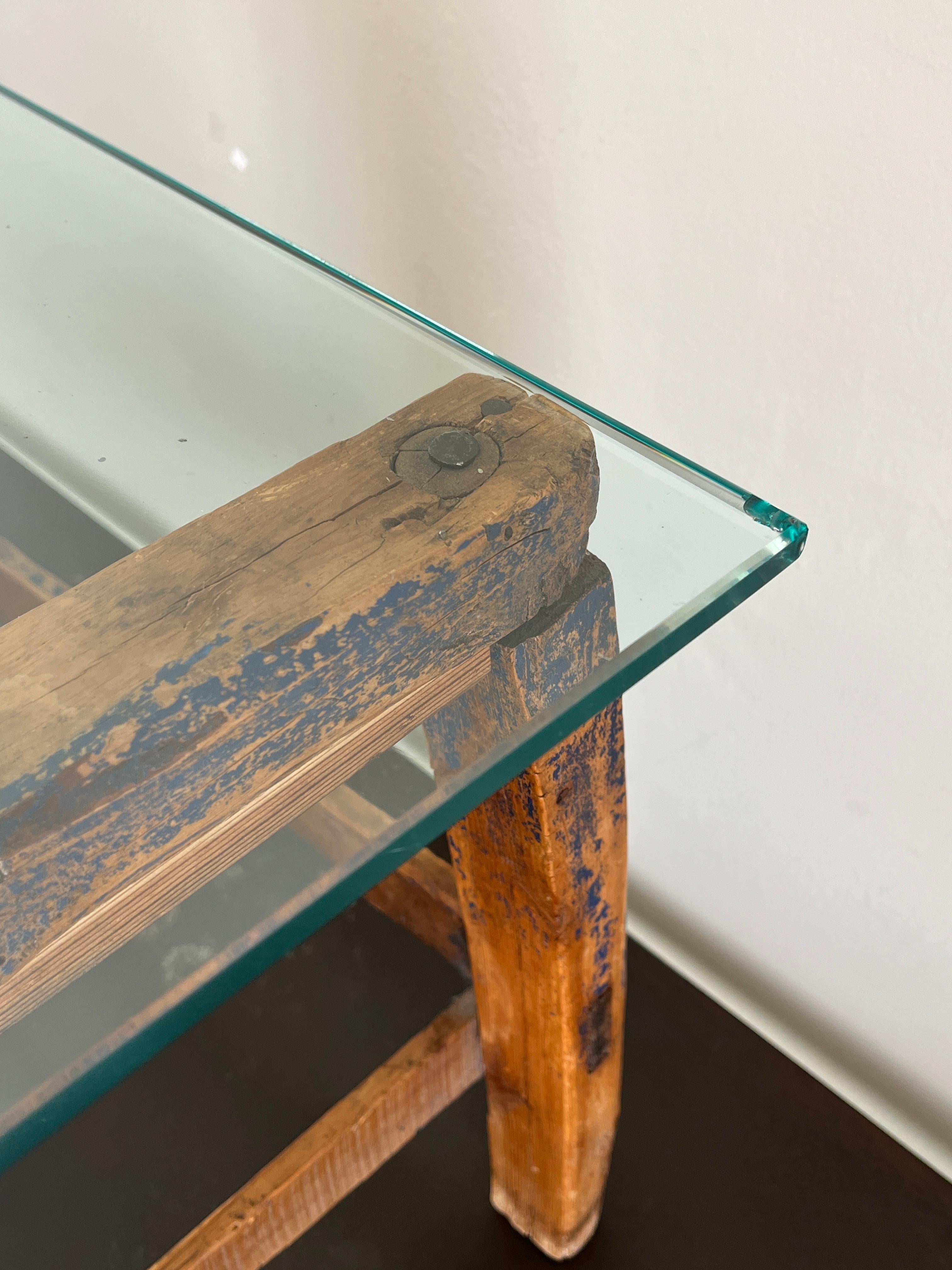 Antique Petit Blue-Painted Coffee Table with Glass Top For Sale 3