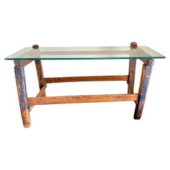 Antique Petit Blue-Painted Coffee Table with Glass Top