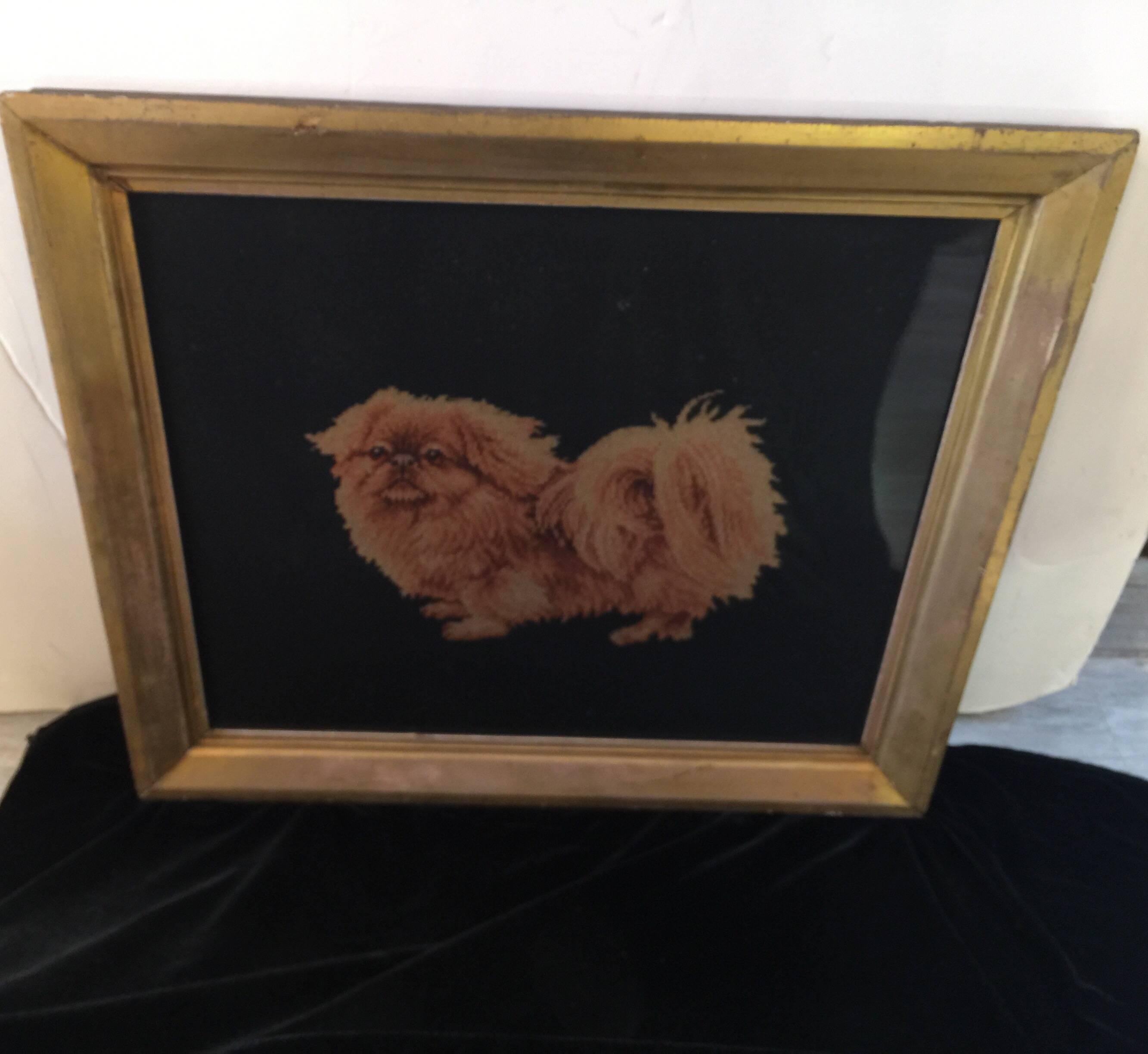 Antique Petit Point Pekingese Dog with Needlepoint in Gold Leaf Frame In Excellent Condition In Lambertville, NJ