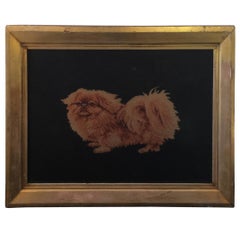 Antique Petit Point Pekingese Dog with Needlepoint in Gold Leaf Frame